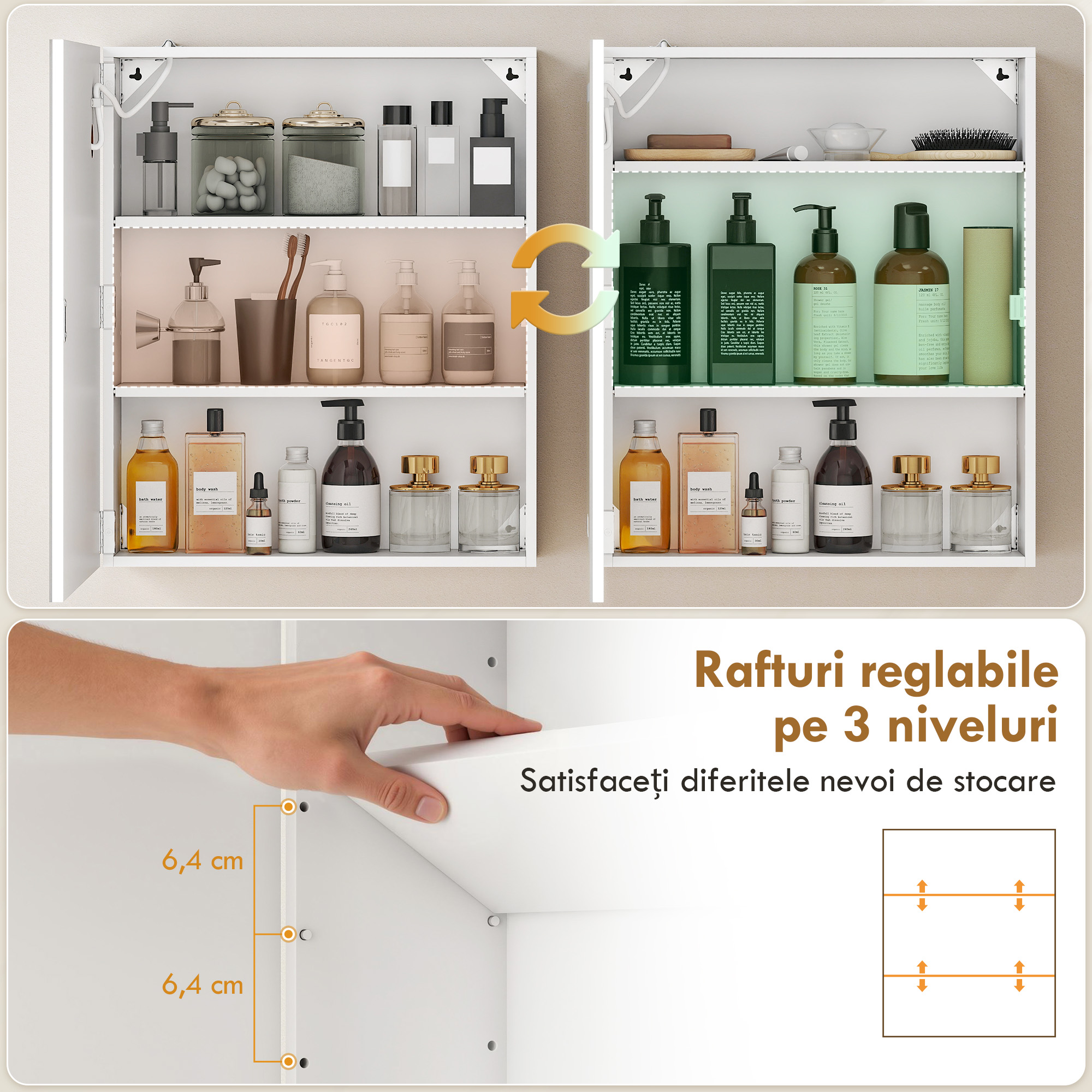  Dulap Baie cu Oglinda LED, 50x15x60 cm Mobila Baie cu Functie Anti-Aburire, Rafturi Reglabile, 3 Temperaturi de Lumina Dimmabile, Dulap Montat pe Perete din Sticla, Alb [5]