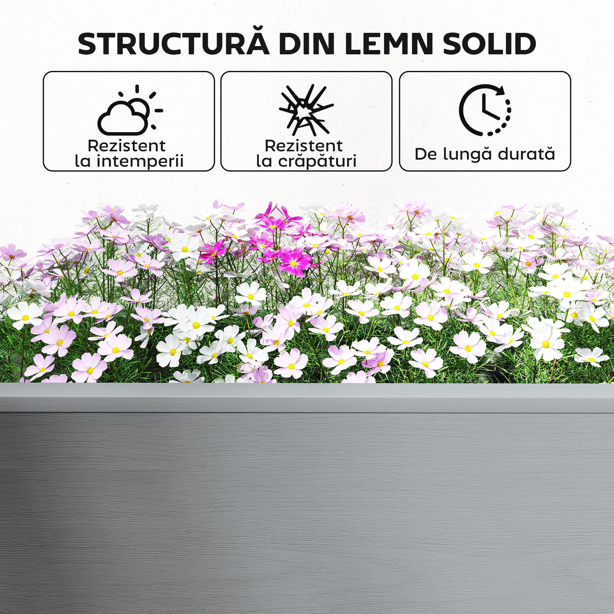  Jardiniera Ridicata cu 2 Ghivece Laterale si Raft pentru Unelte, din Lemn de Brad, 149x46x76 cm, Gri [8]