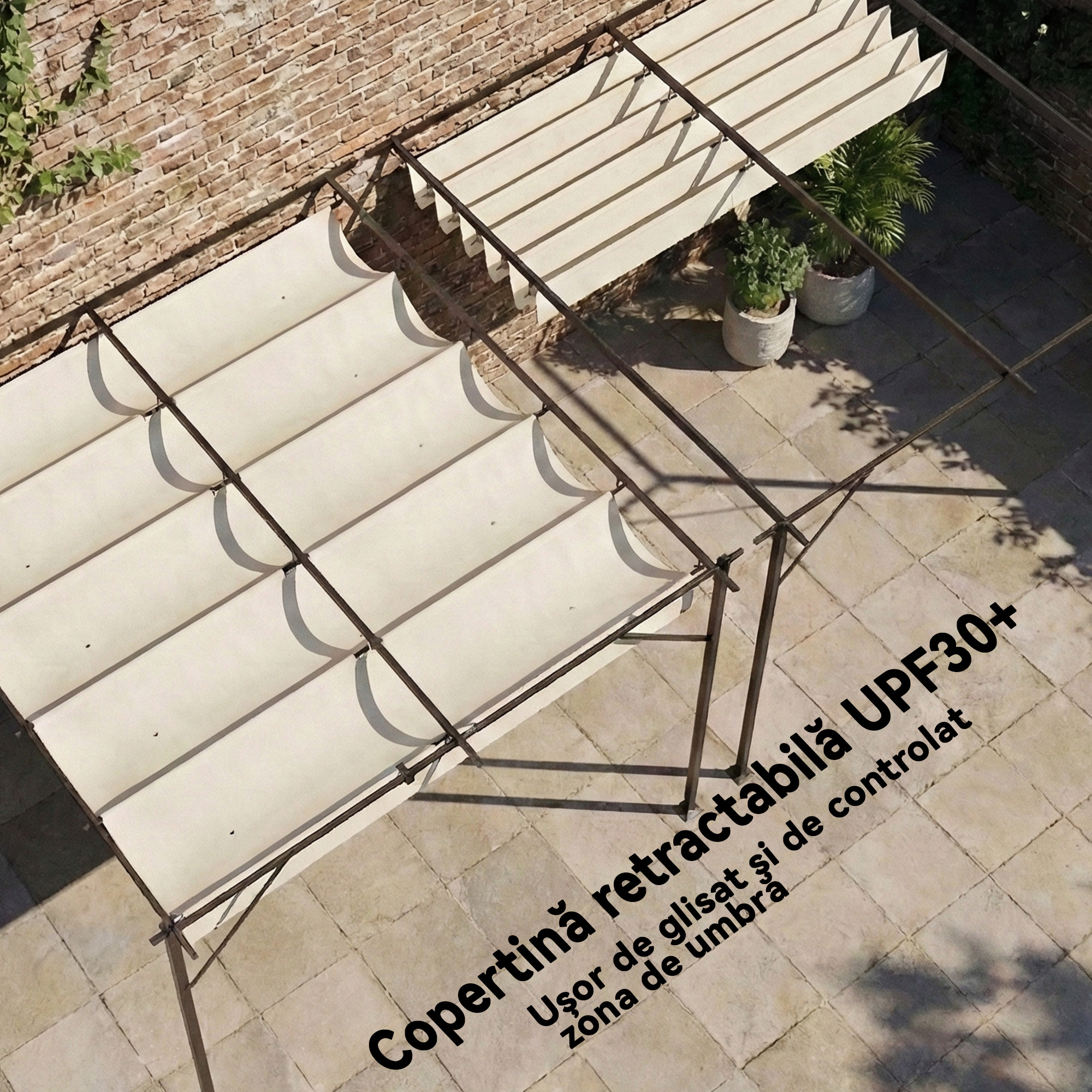  Pergola Adosata 3x3 m cu Acoperis Retractabil, Orificii de Drenaj, Pergola de Gradina din Poliester si Otel, pentru Terasa, Exterior, UV30+, Alb Crem [4]