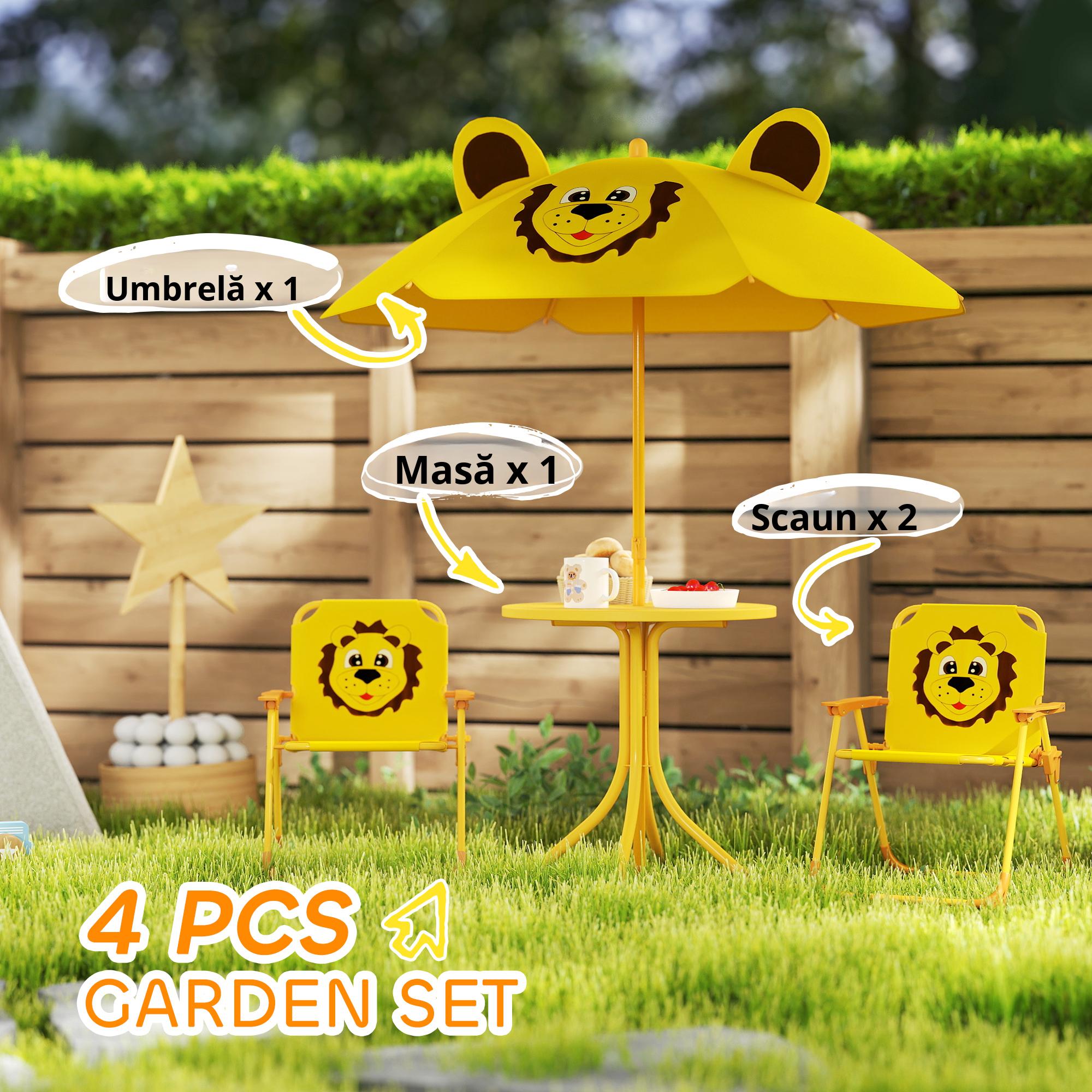 Set Masa, 2 Scaune si Umbrela pentru Gradina, pentru Copii 2-5 Ani, Galben [5]