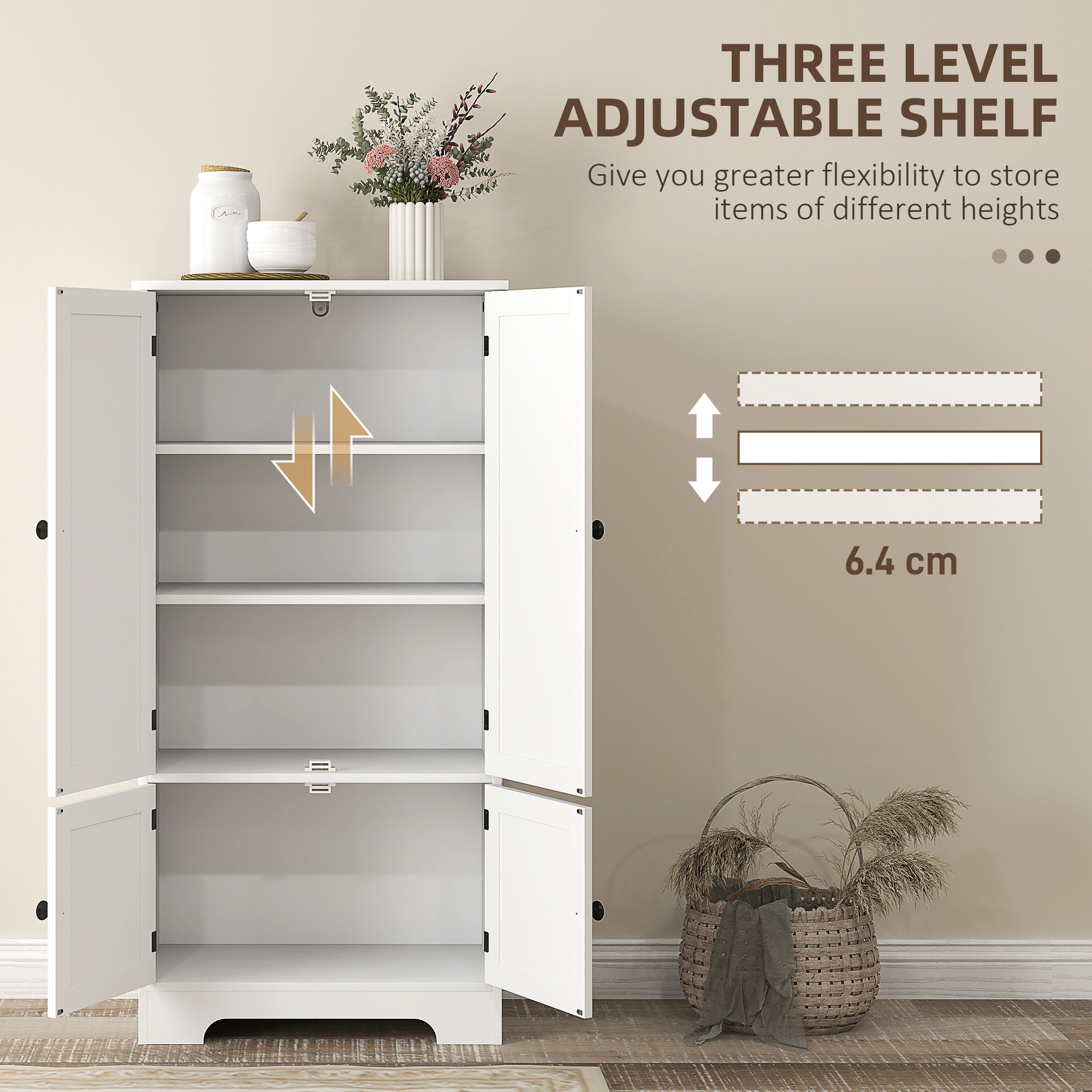  Bufet de Bucatarie cu 4 Usi si 2 Dulapuri si Raft Reglabil, Alb [5]