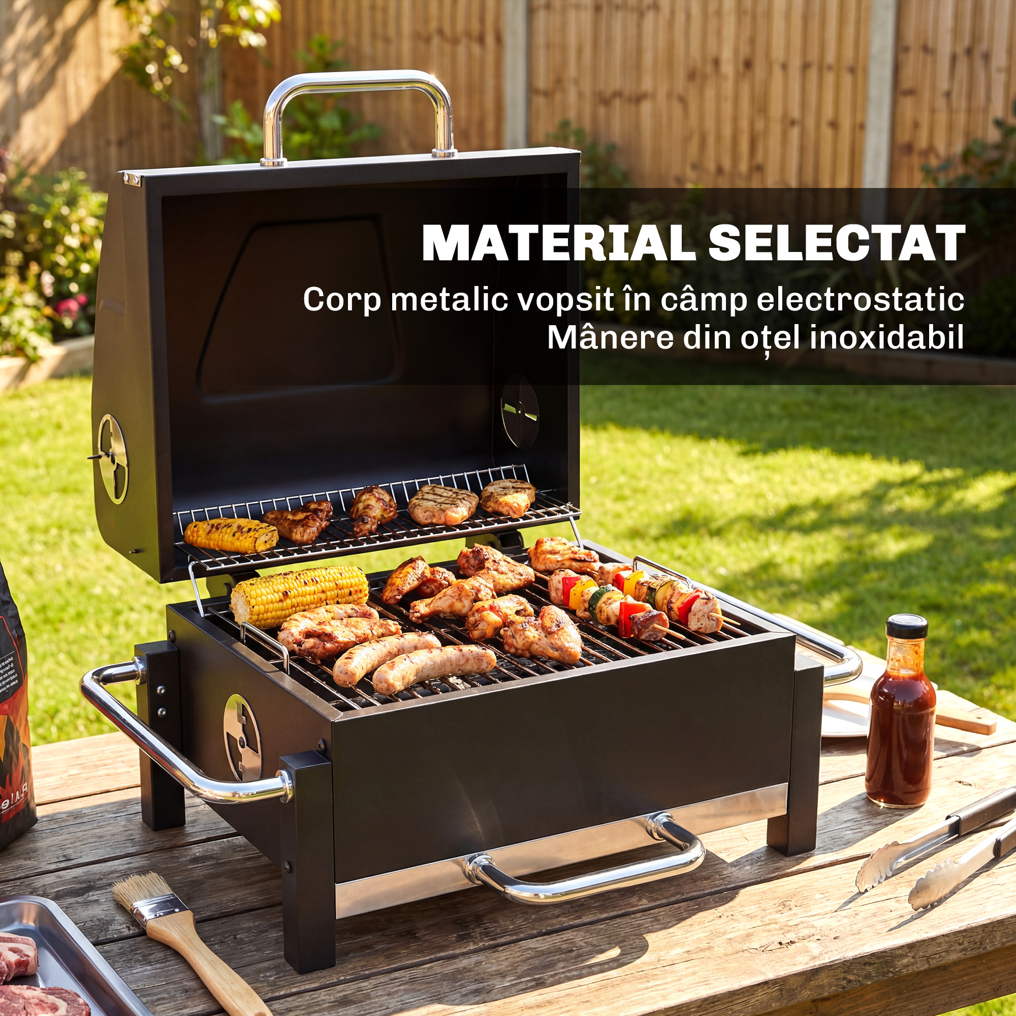  Gratar Pe Carbuni cu Orificii de Ventilatie, Sertar pentru Cenusa, Gratar Portabil cu Termometru, Gratare, Capac, Maner din Otel Inoxidabil, BBQ pe Carbuni pentru Gradina Camping, Negru [6]