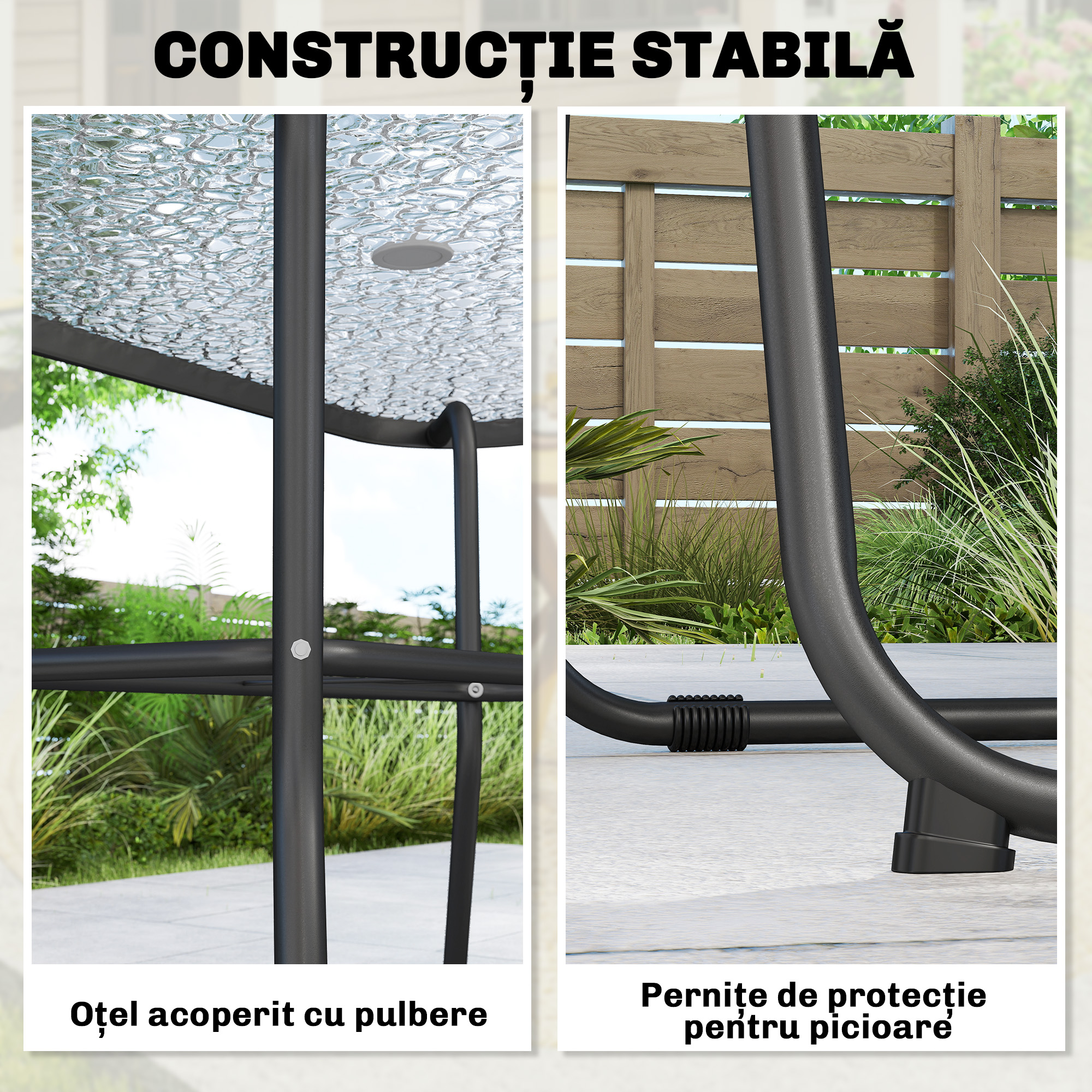  Set de Masa de Gradina 8 Piese cu Umbrela, Set Mobilier Gradina cu 6 Scaune Pliabile, Masa din Sticla Temperata si Umbrela pentru Terasa, Gri [6]