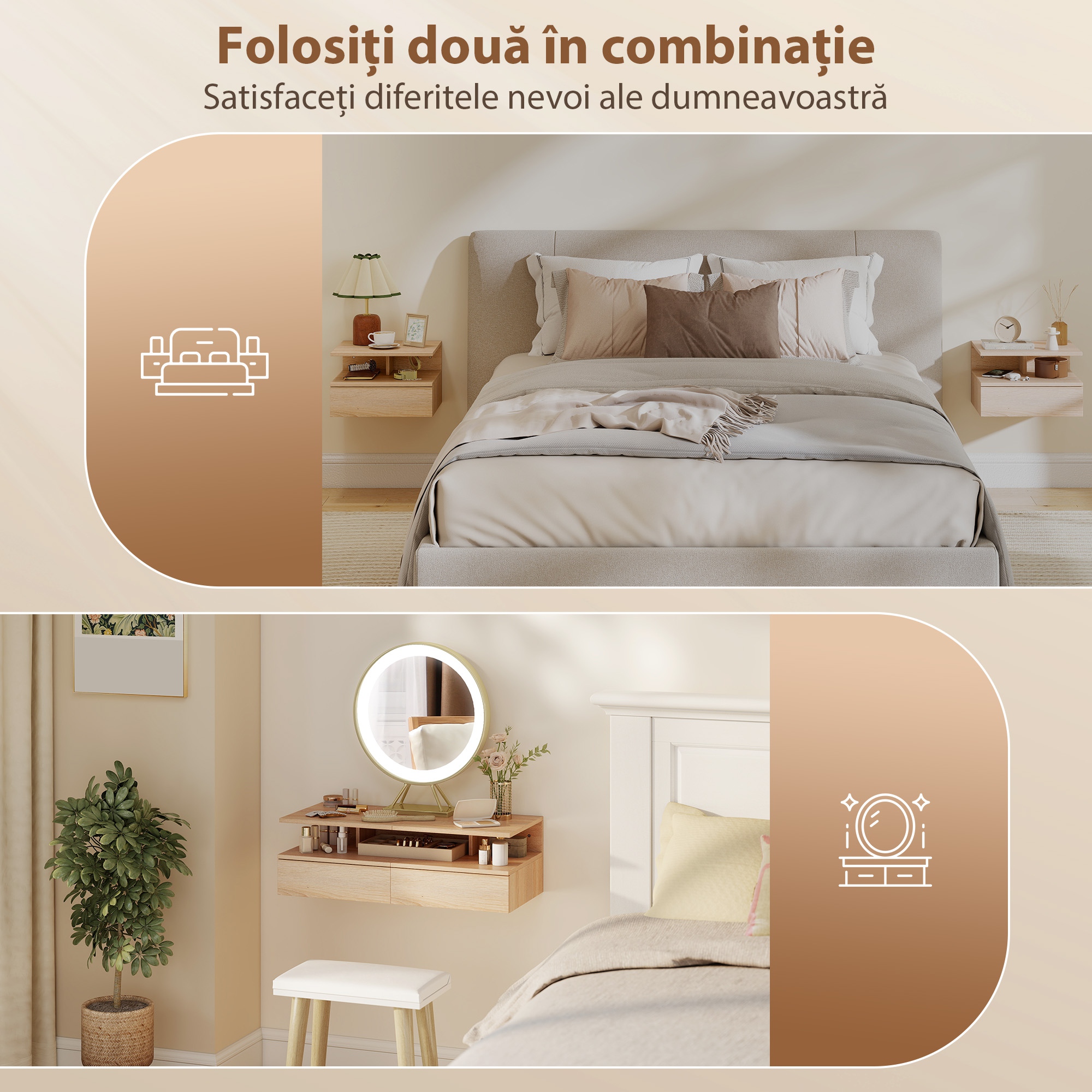  Set de 2 Noptiere Suspendate cu Sertar si Raft Deschis, 35x32x22.5 cm, Stejar [5]