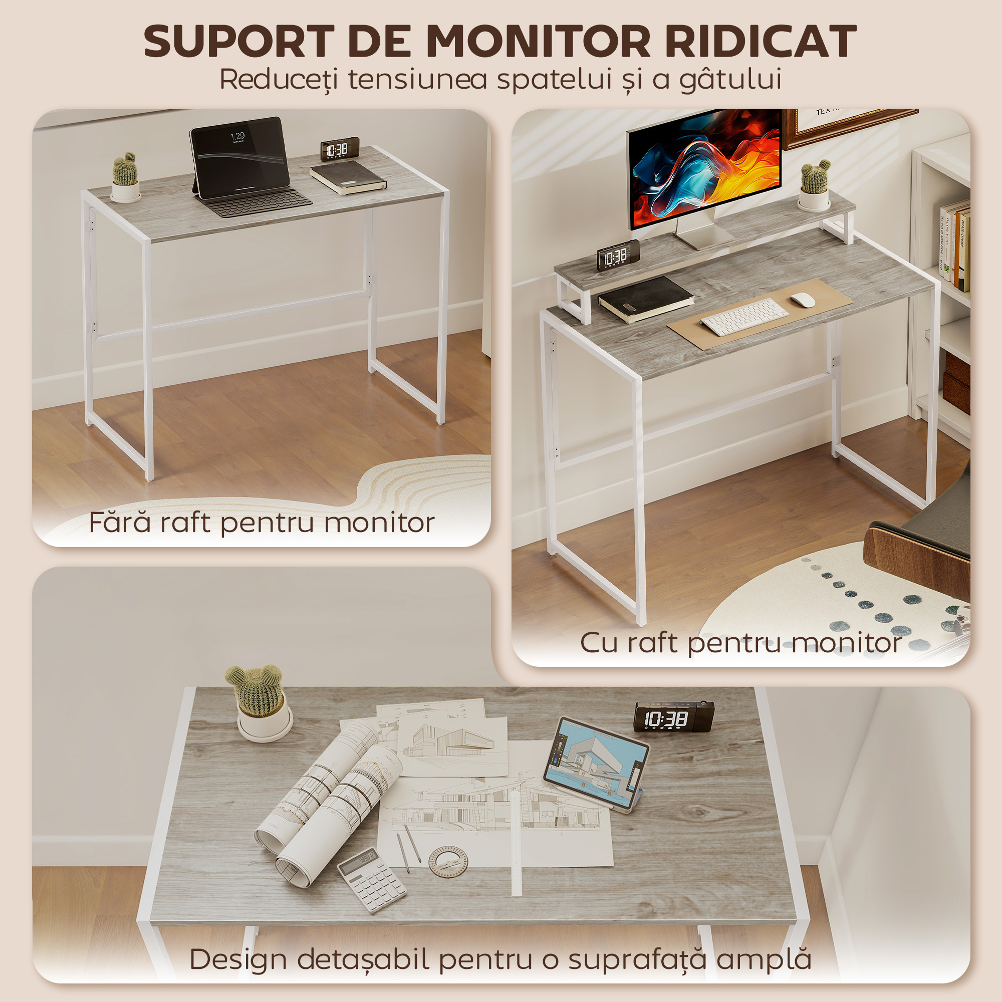  Birou Pliabil Economisitor de Spatiu cu Stand pentru Monitor Detasabil, 100x48x87,5 cm, Lemn [4]