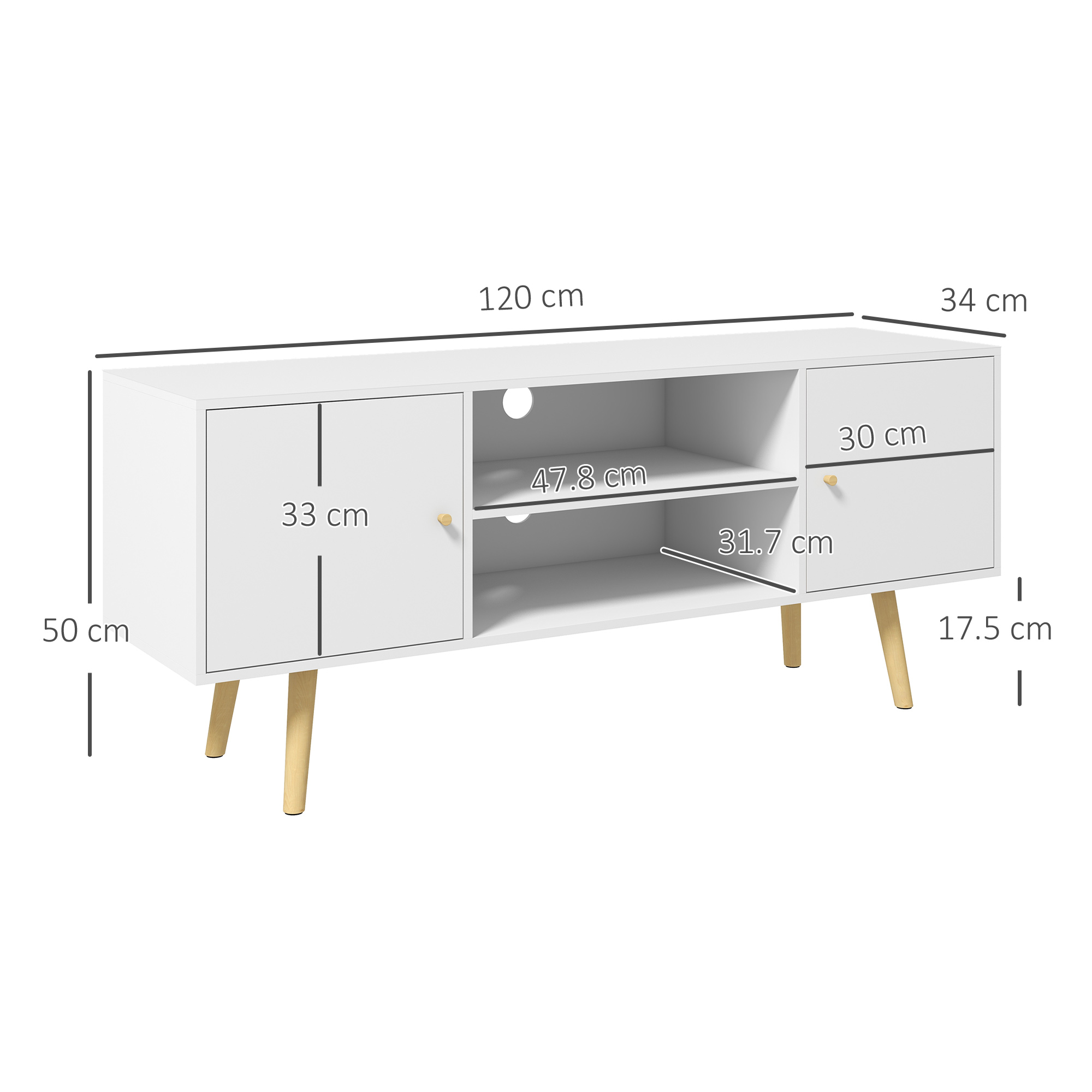  Cabinet TV 55" cu 2 Dulapuri, Usi si 2 Rafturi Deschise, Consola TV din Lemn si PAL, 120x34x50 cm, Alb [2]