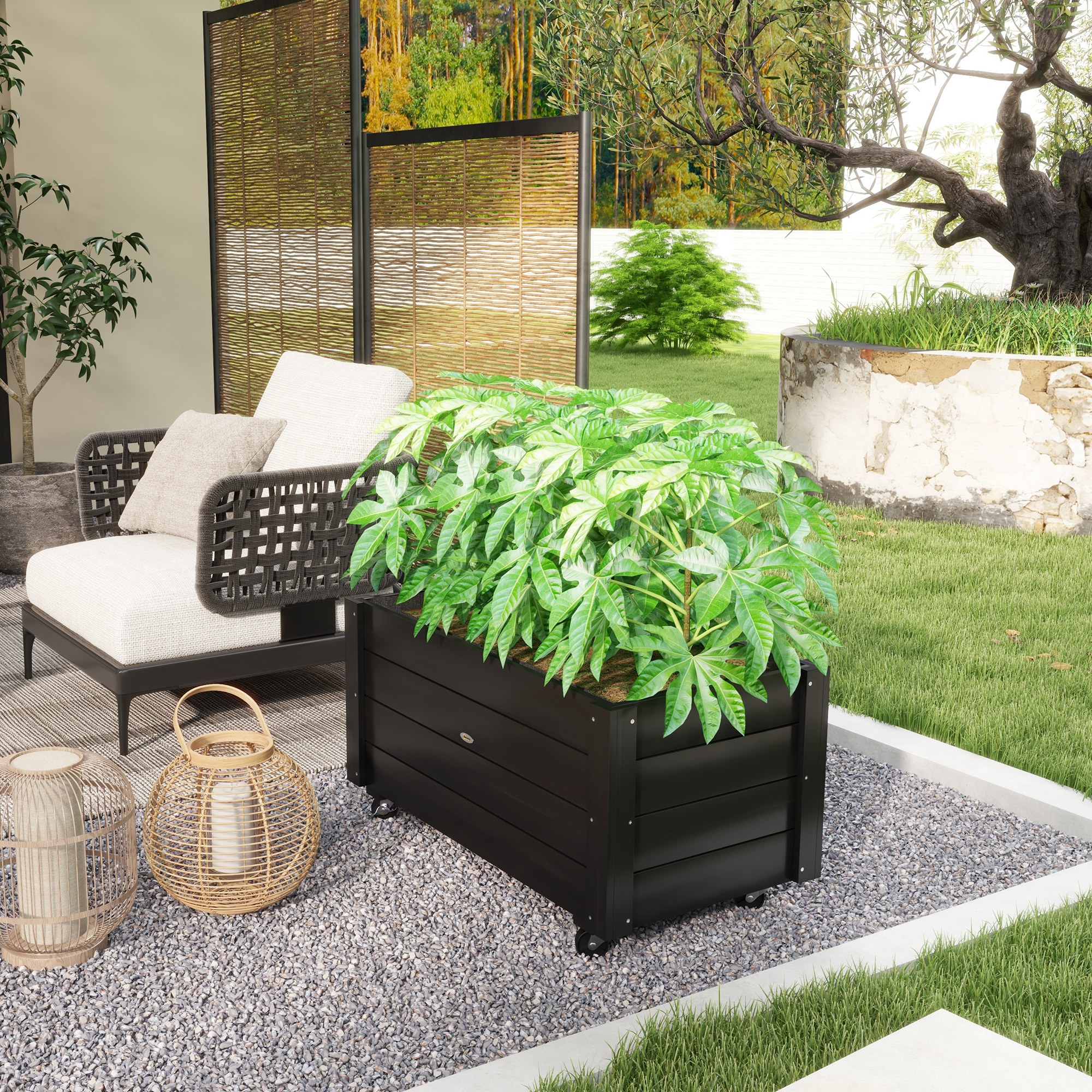  Fierastrau de gradina cu orificiu de drenaj si roti, din lemn de brad, 89x48x47 cm, negru [7]