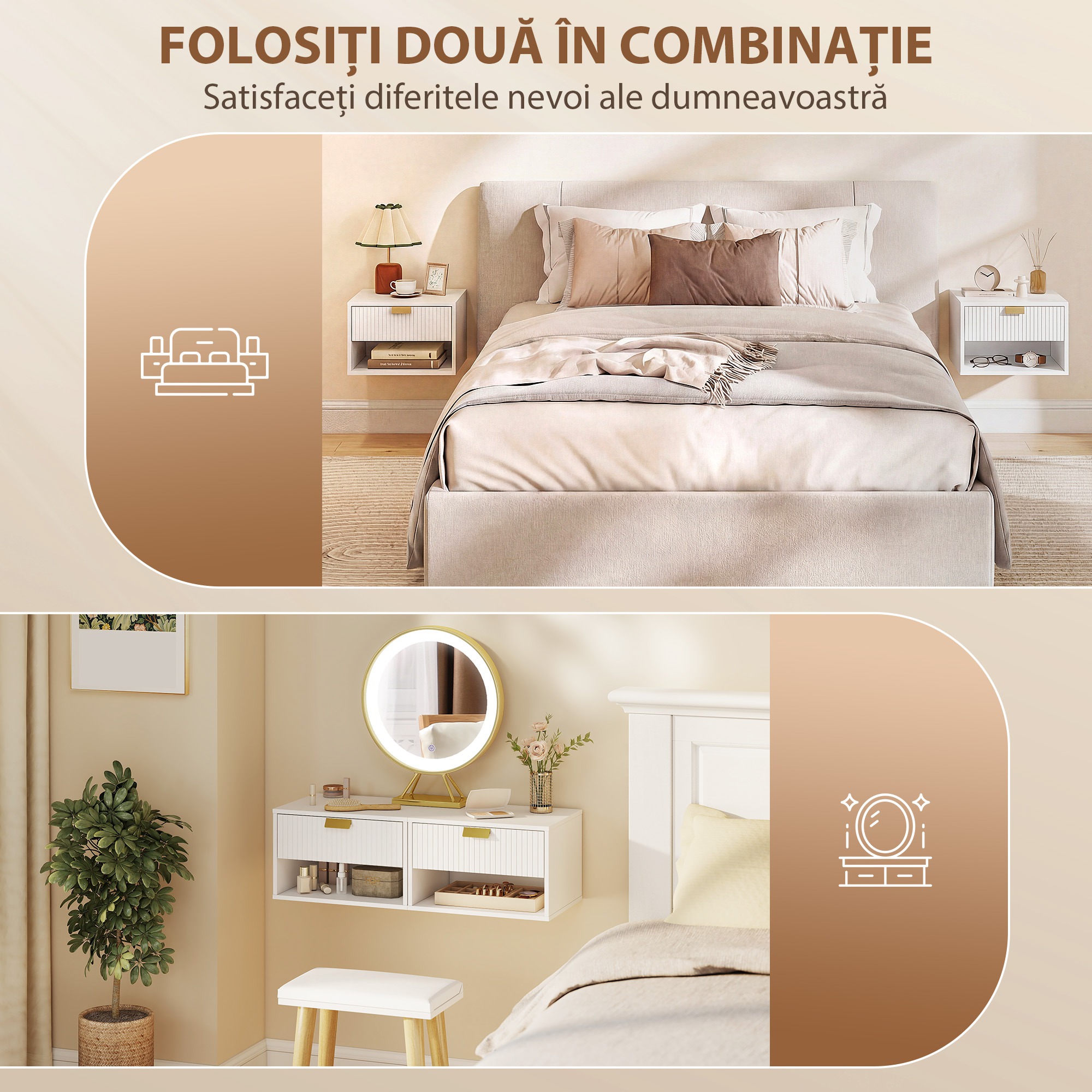  Set de 2 Noptiere Suspendate cu Sertar Decorat si Raft Deschis, Alb [5]