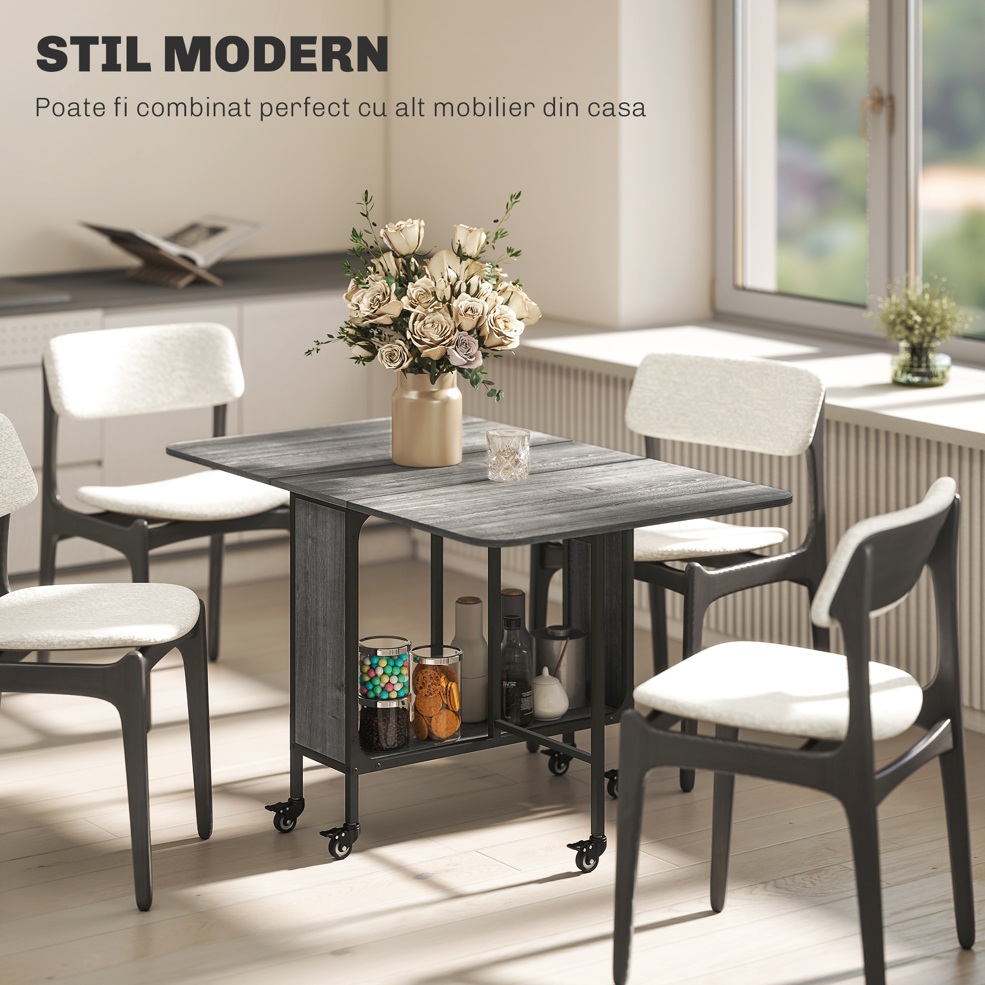  Masa de dining pliabila pentru maximum 6 persoane, cu raft, din lemn si metal, 130x80x74 cm, gri [6]