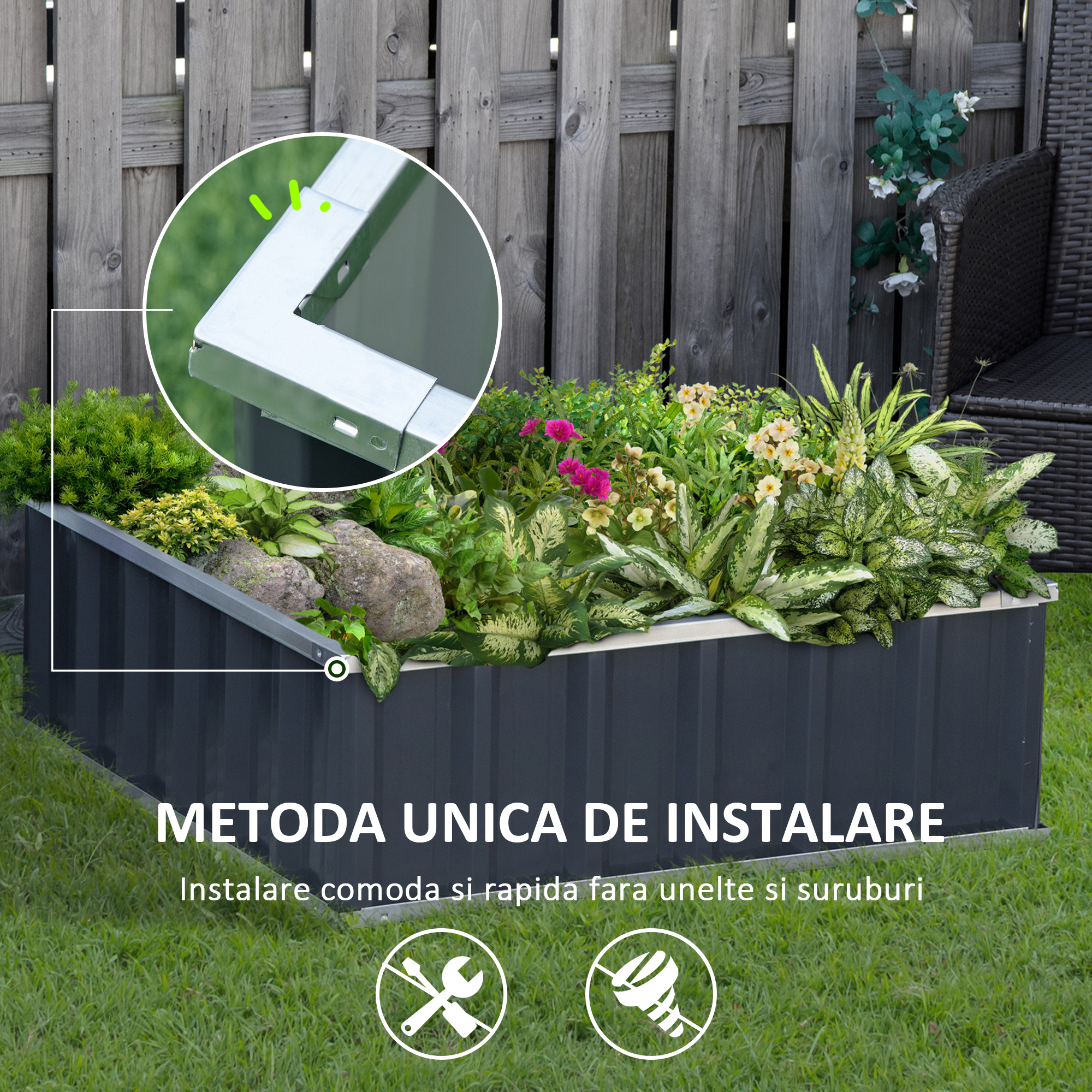  Pat de Gradina Inaltat din Otel, Baza Deschisa si Asamblare fara Utilizarea Sculelor, 90x90x30cm [4]