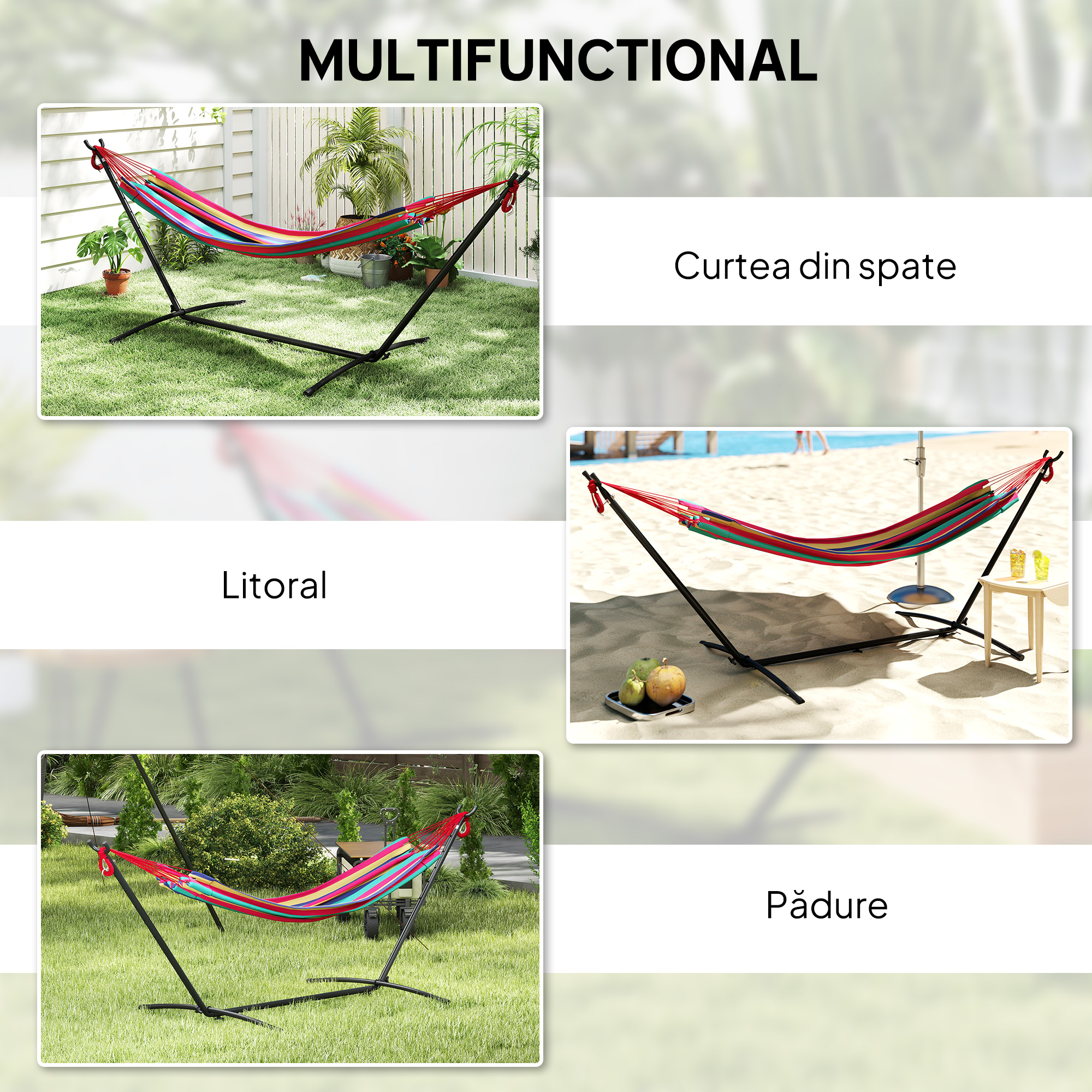  Hamac cu Suport 310x117cm pentru Camping cu inaltime Reglabila si Geanta de Transport, Capacitate 120 kg, Dungi Portocaliu si Rosu [5]