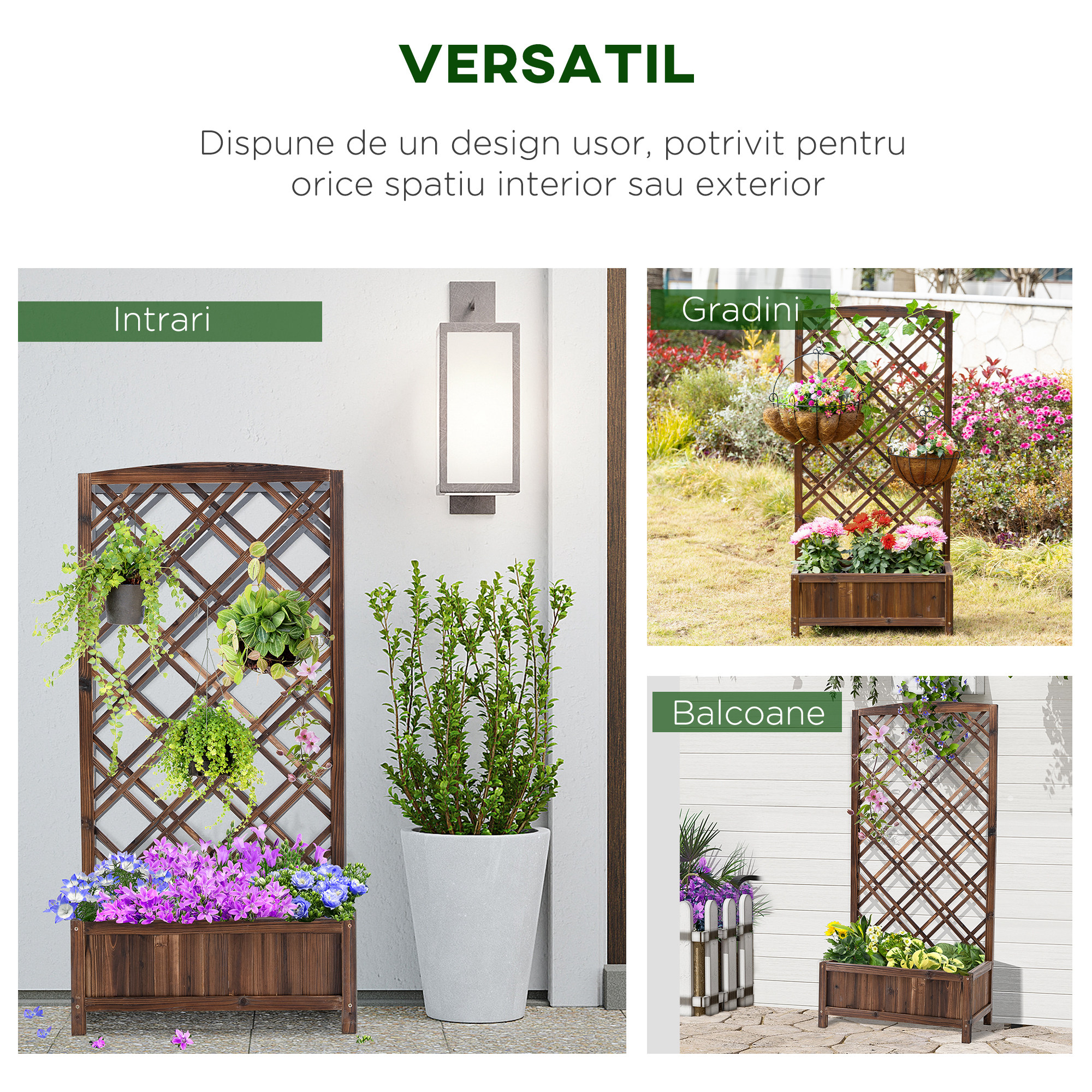  Jardiniera pentru Exterior din Lemn, Jardiniera cu Spalier pentru Plante Agatatoare, 60x30x122.5 cm, Maro [3]