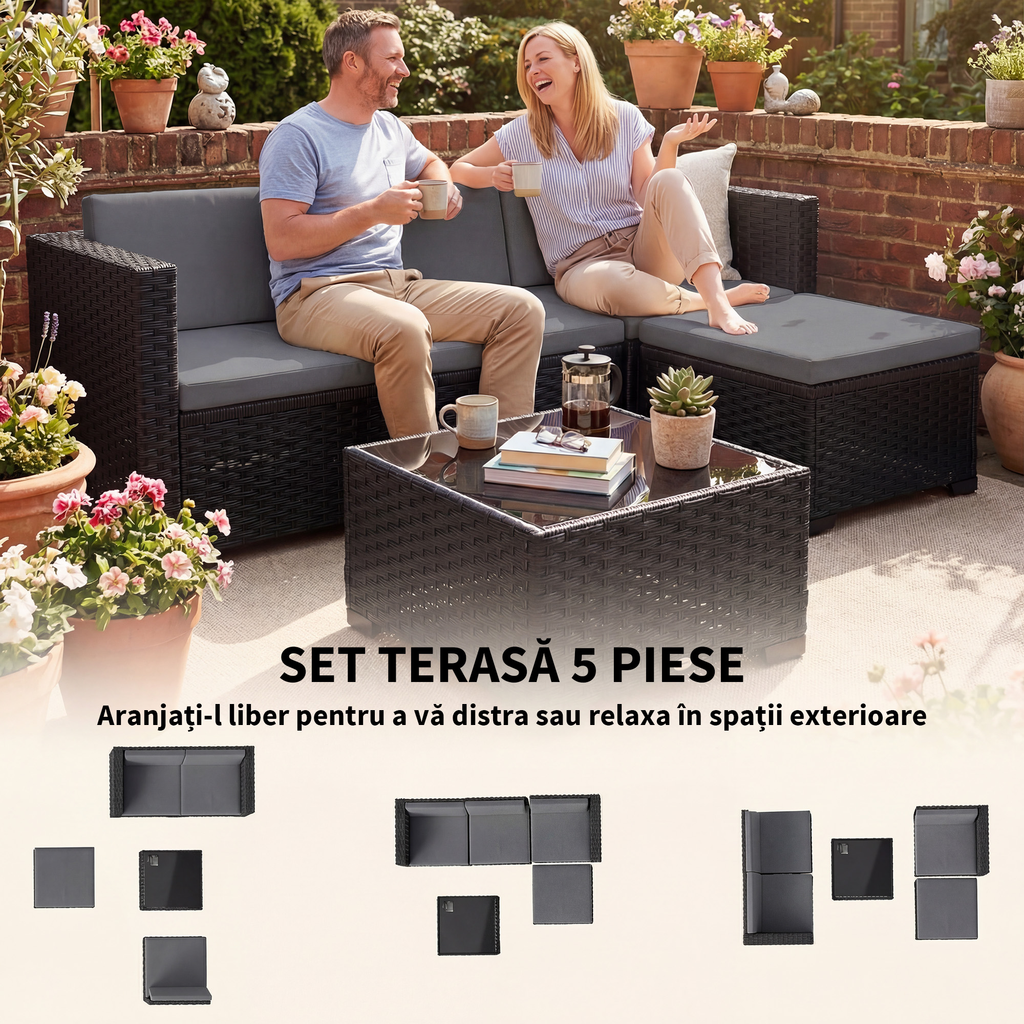  Set Modular de Gradina din Rattan cu Perne, Canapea de Colt Gri, 5 Piese [3]