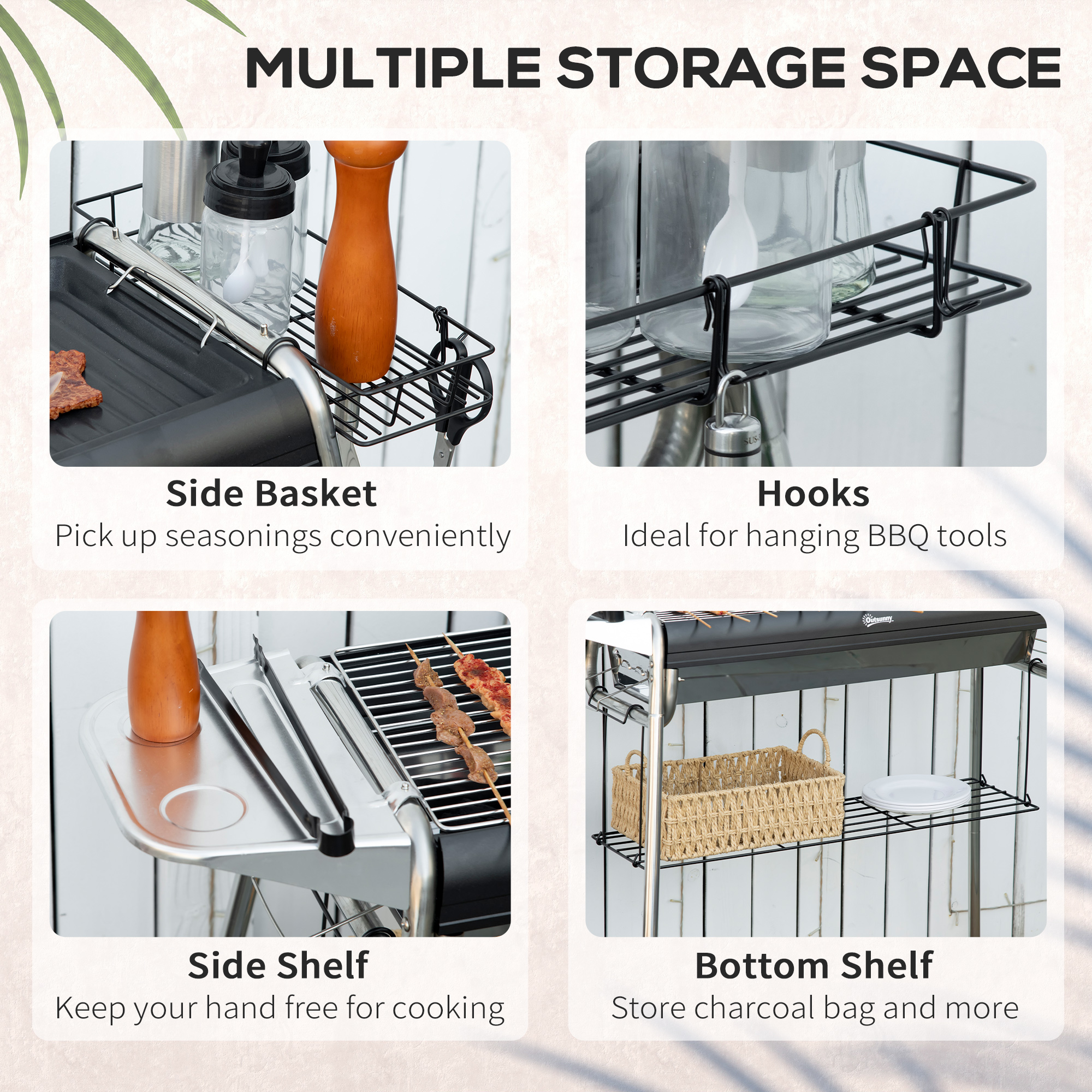  Gratar portabil cu carbune, Gratar cu plita, asamblare usoara, Aragaz din otel inoxidabil cu cosuri de condimente, rafturi de depozitare si carlige pentru camping, picnic, drumetii [5]