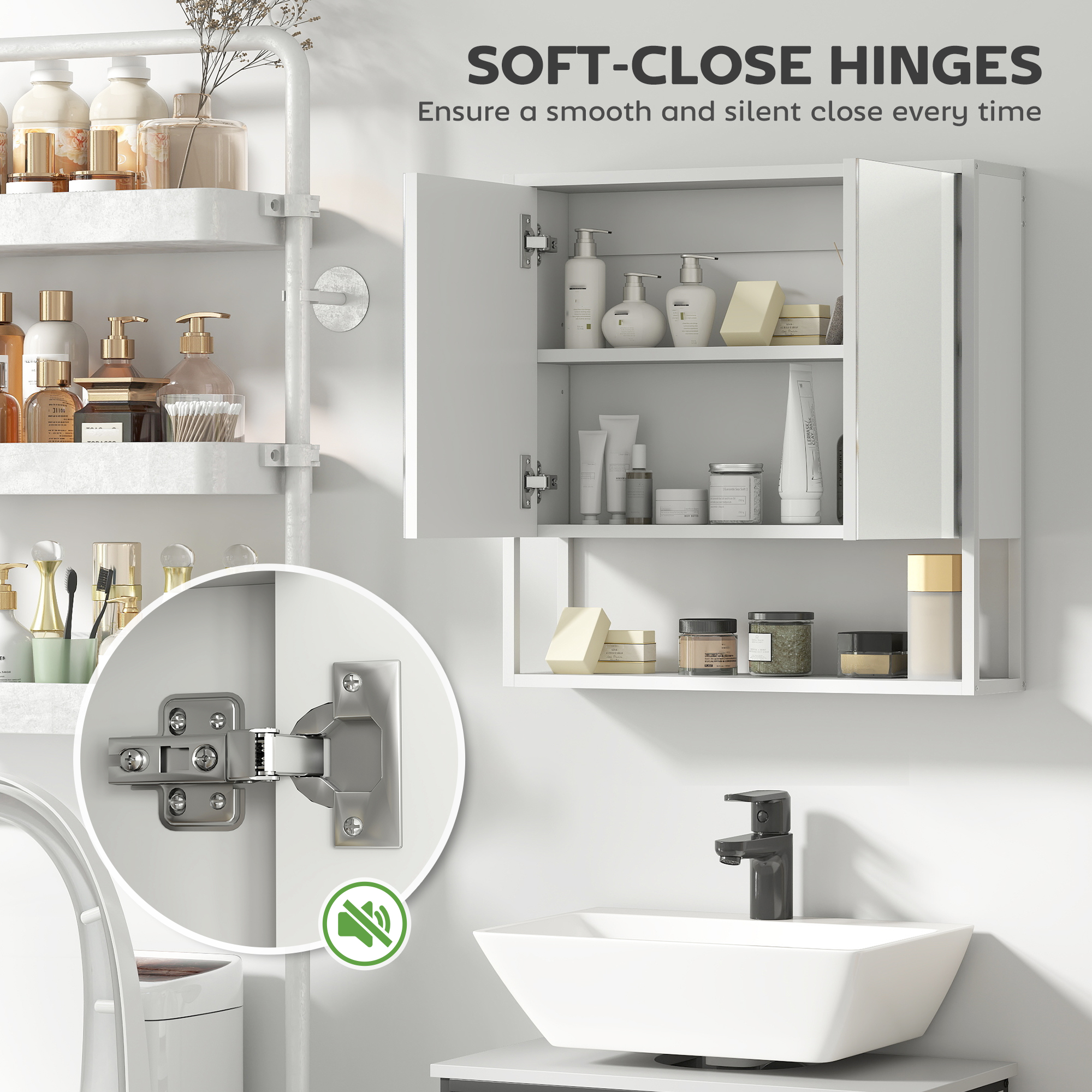  Dulap Baie Montat pe Perete cu Oglinda, Raft Reglabil si Raft Deschis, 60x16x60 cm, Alb [4]