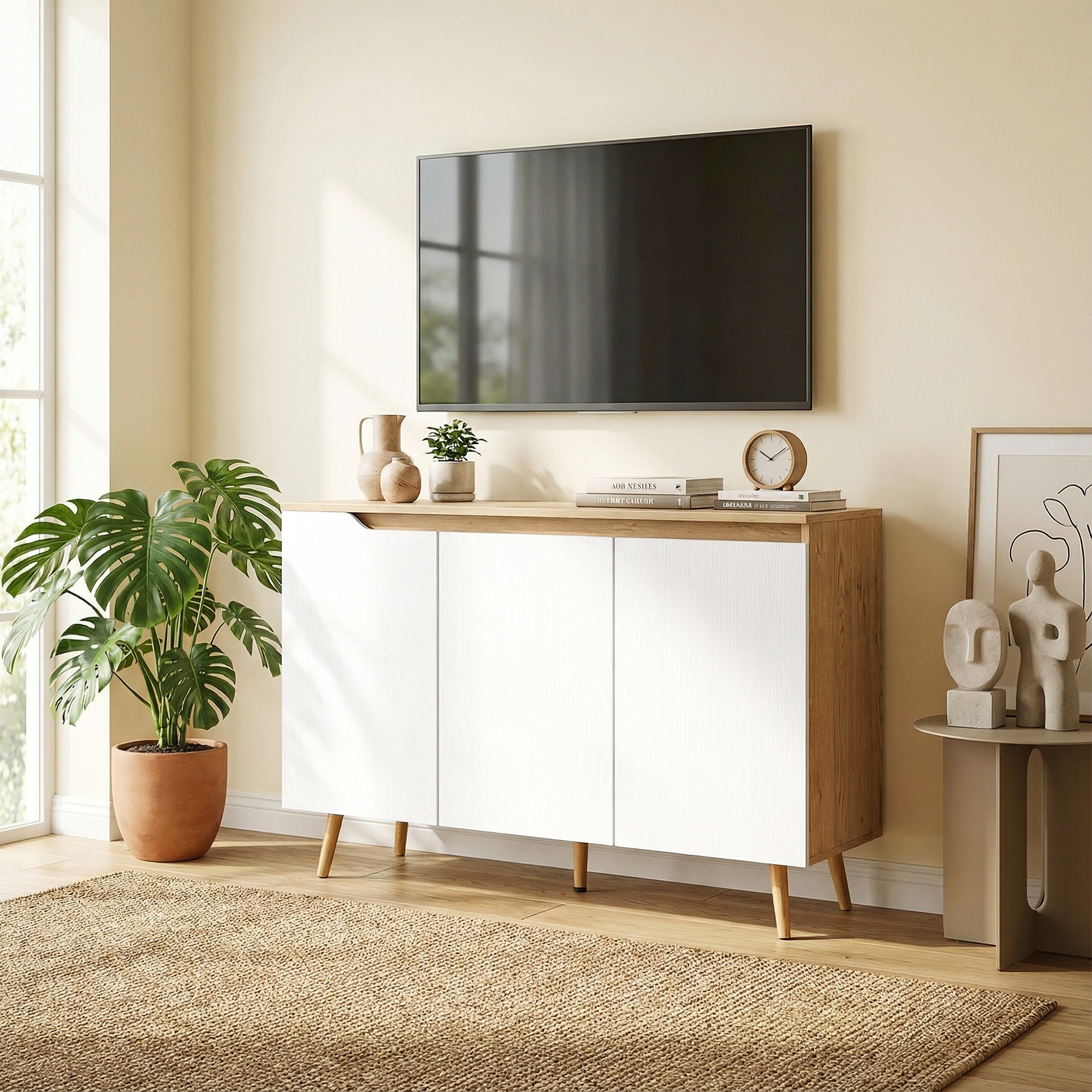  Bufet de Bucatarie, Mobilier de Bucatarie cu 3 Usi, Rafturi Reglabile si 5 Picioare din Lemn de Cauciuc, Stil Modern, Bufet pentru Living, Sufragerie, Alb si Stejar [7]