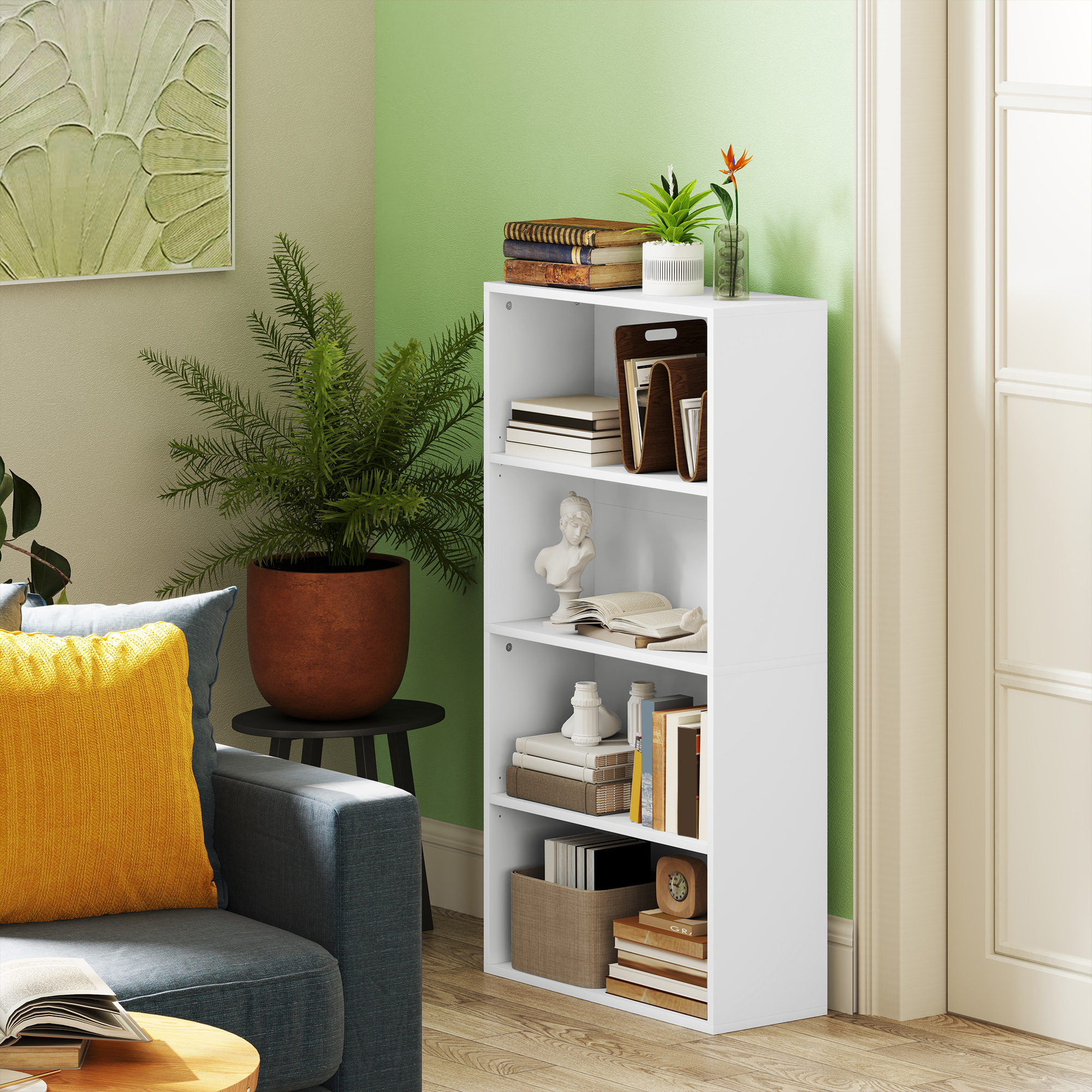  Biblioteca cu 4 Rafturi si 2 Rafturi Flexibile, din Lemn, 60x24x115.5 cm, Alb [1]