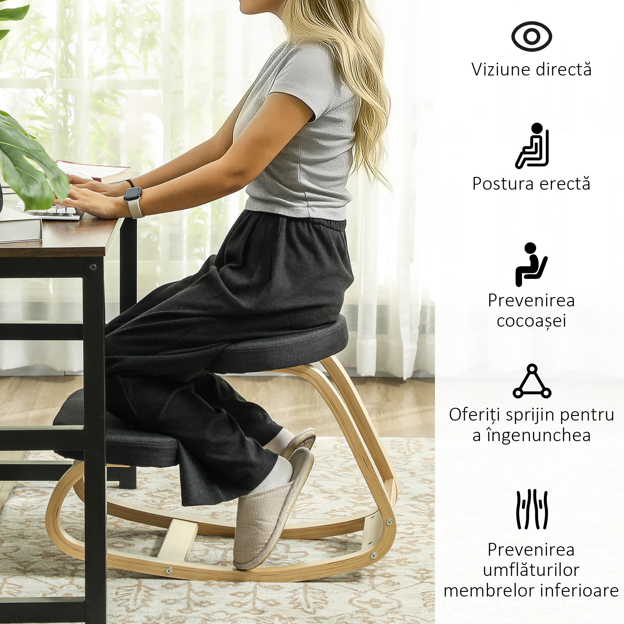  Scaun Genunchi cu Miscare de Balans, in tesatura Efect de In si Lemn de Mesteacan, 50x73x55 cm, Negru [4]