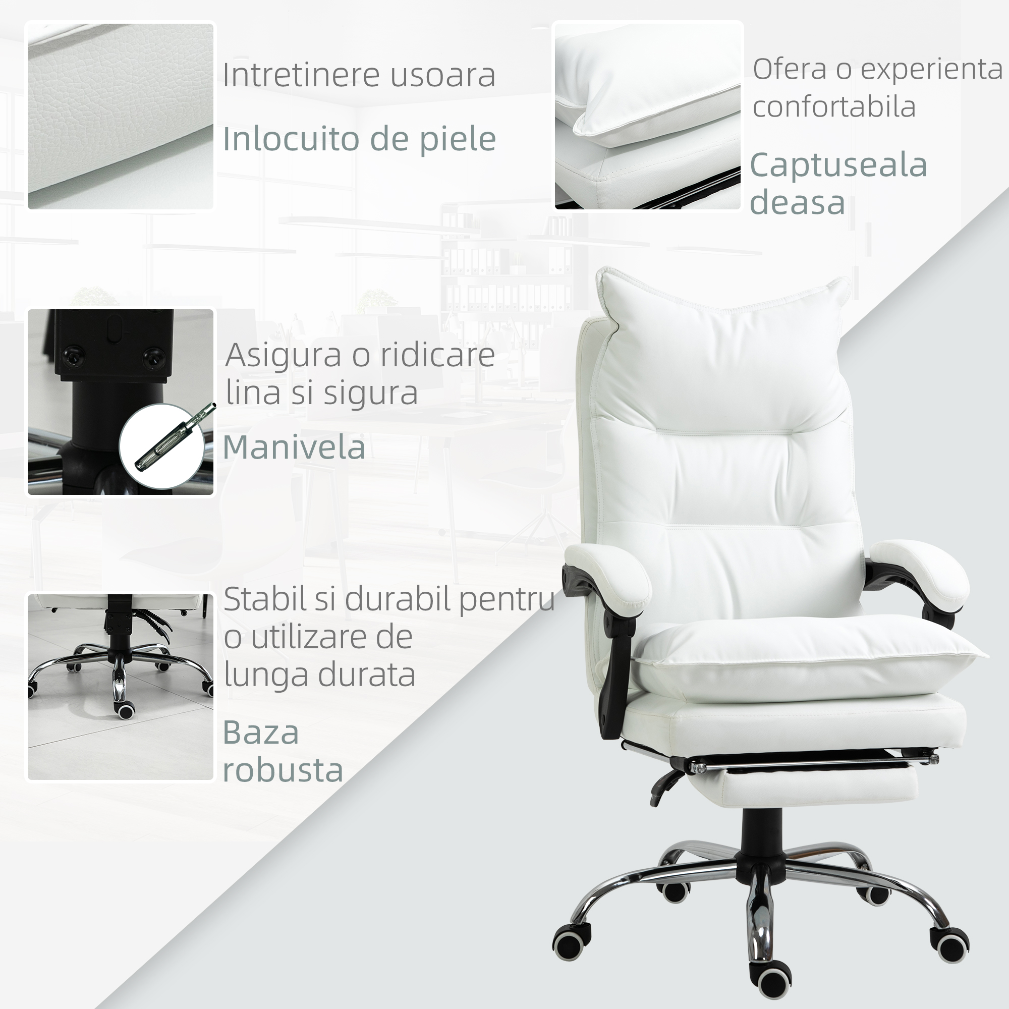 Fotoliu de Birou din Piele ecologica Alb Ajustabil Rabatabil la 155° Suport pentru picioare [6]