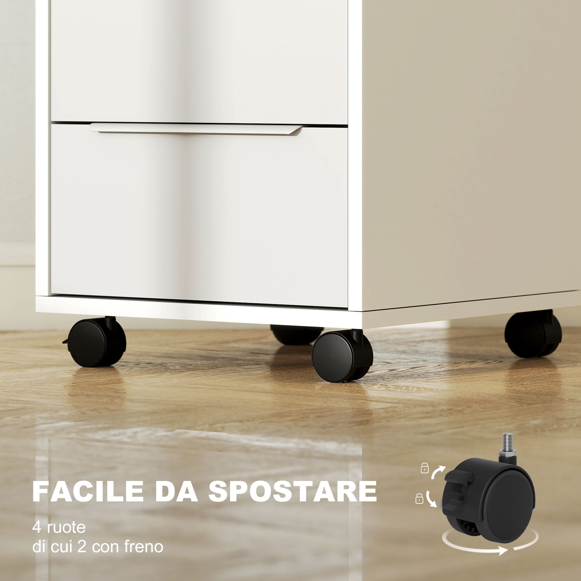  Schedario per Ufficio a 3 Cassetti con Chiavi di Sicurezza e 4 Ruote, in Legno, 40x40x63.5 cm, Bianco e Grigio [4]