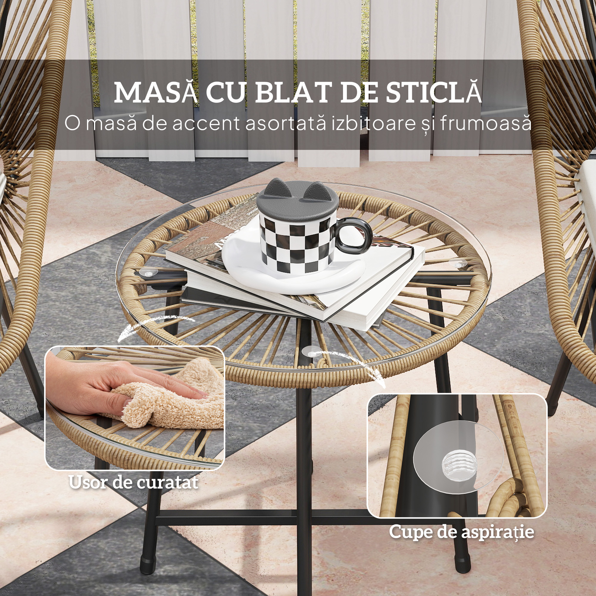  Set Bistro din 3 Piese cu Masuta de Cafea cu Blat de Sticla si 2 Scaune, Φ45x46 cm, Natural [6]