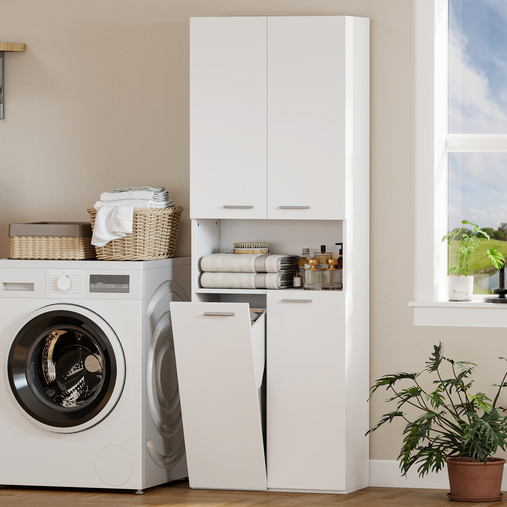  Dulap de Baie cu 2 Usi, Cos Rabatabil pentru Rufe si Raft Deschis, 60x30x174 cm, din Lemn, Alb [7]