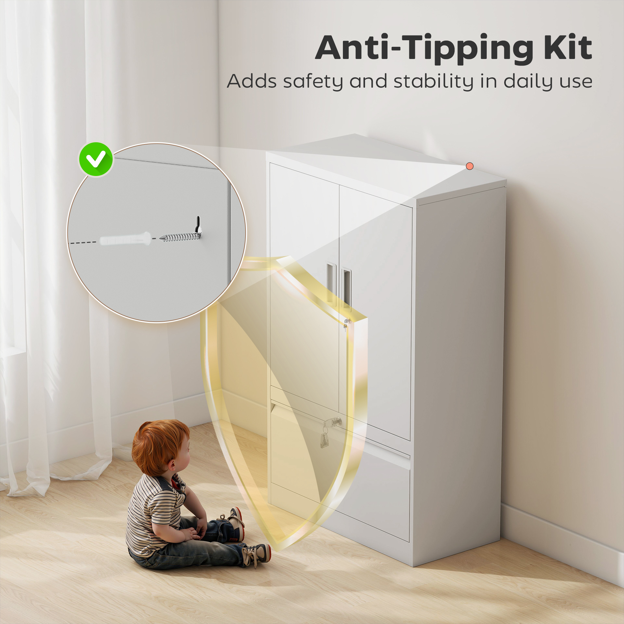  Dulap de Birou din Otel cu Raft Interior Reglabil si Sertar, 80x40x130 cm, Alb [6]