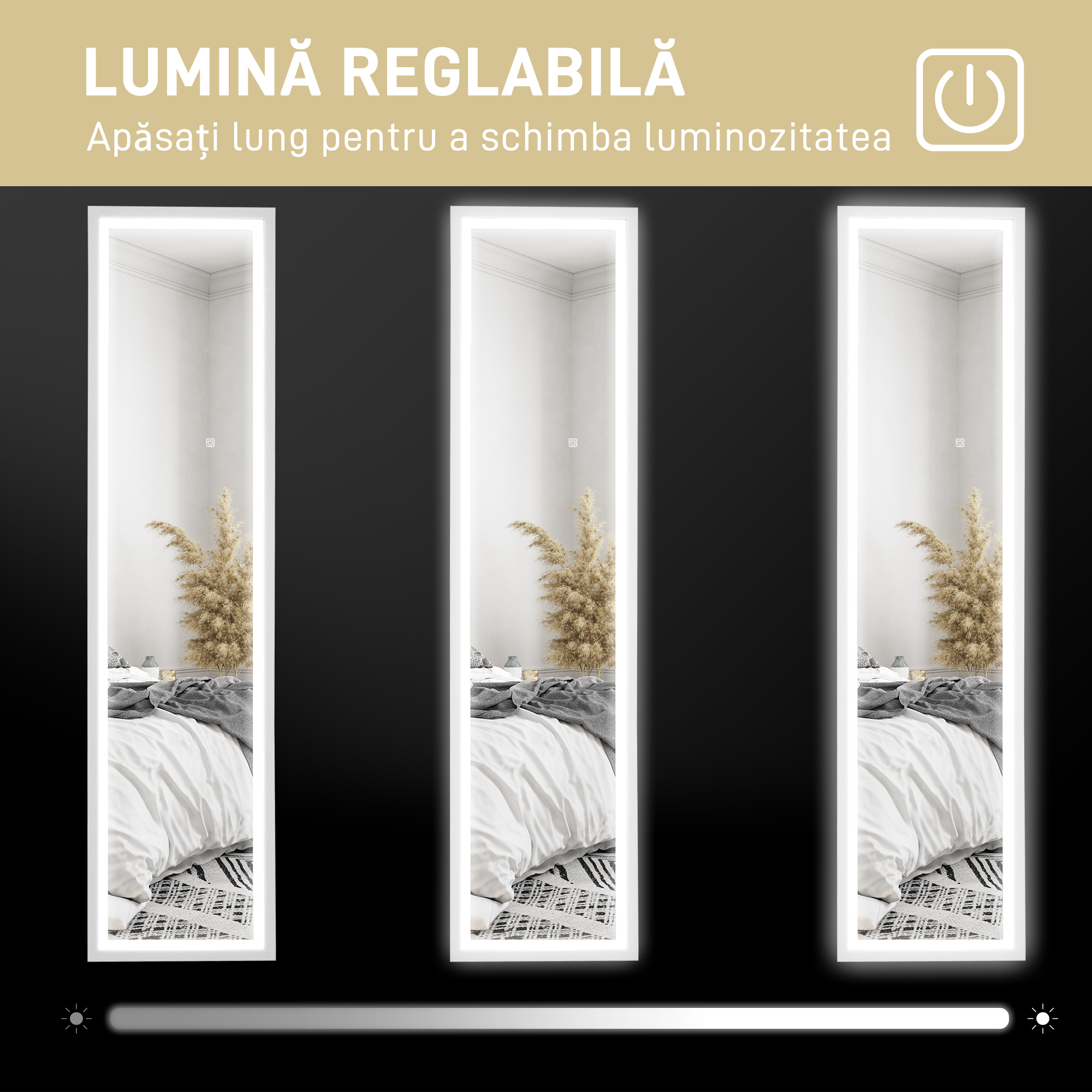  Oglinda iluminata cu lumini LED reglabile si buton tactil, din sticla si MDF, 40x5x160 cm, alba [4]