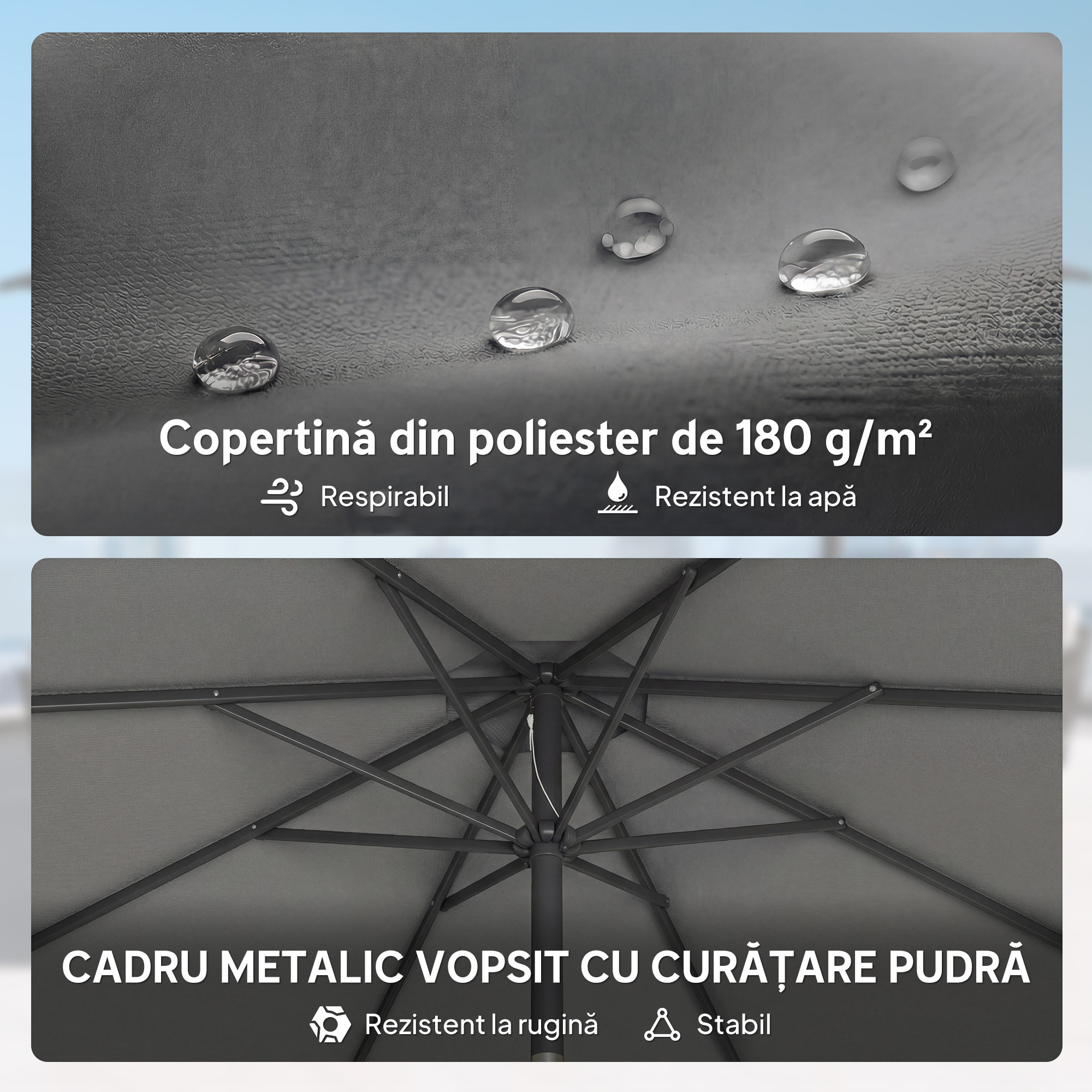  Umbrela de Soare Rotunda Inclinabila 3x3 m cu Manivela, din Metal si Poliester, Gri inchis [6]