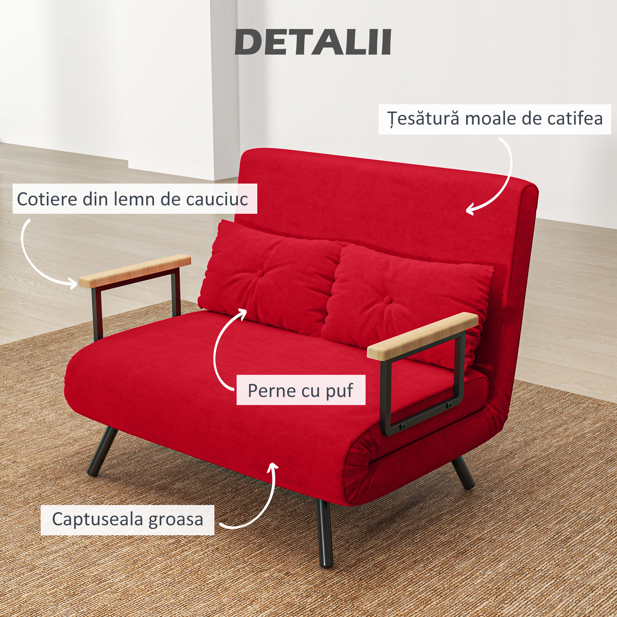  Canapea extensibila din material cu efect de catifea cu spatar reglabil si 2 perne, 102x73x81 cm, rosu [5]