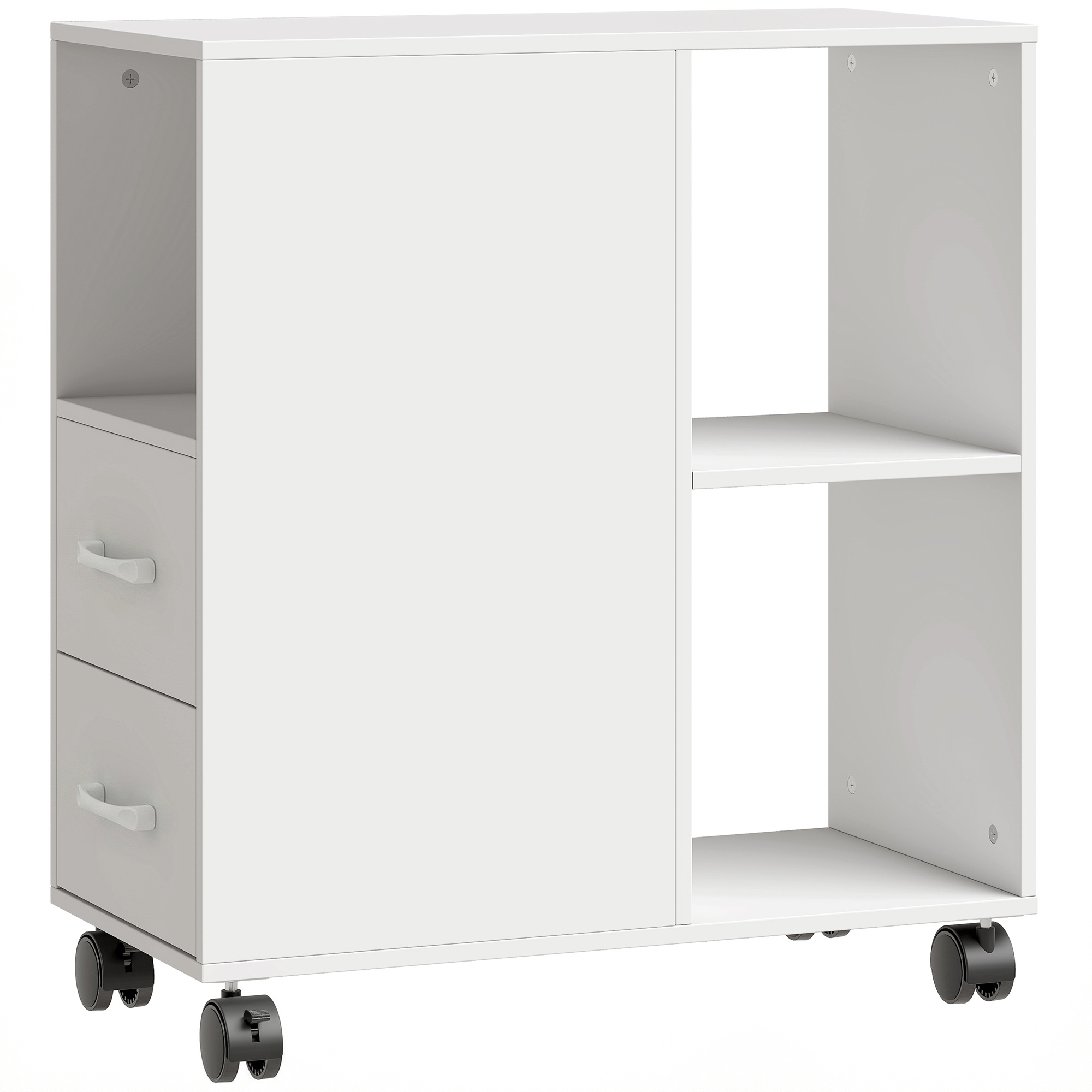  Masuta Minimalista pe Rotile cu 2 Sertare, Compartiment Deschis si Raft Reglabil, din Lemn, 60x30x65 cm, Alb [0]