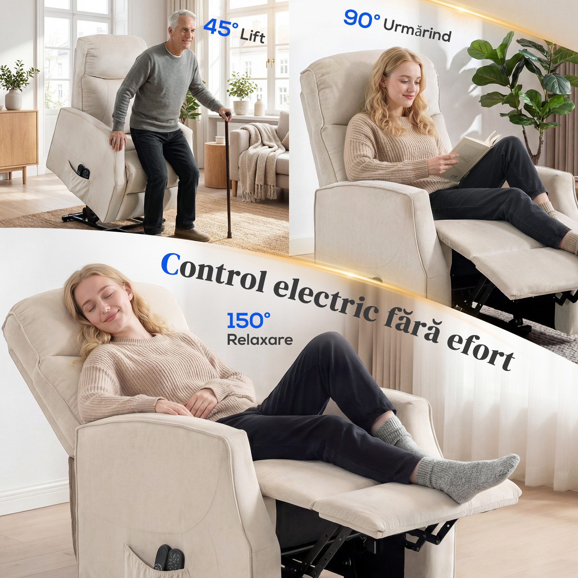  Fotoliu Electric cu Ridicare, Fotoliu Relax cu Masaj si incalzire, Bej [3]