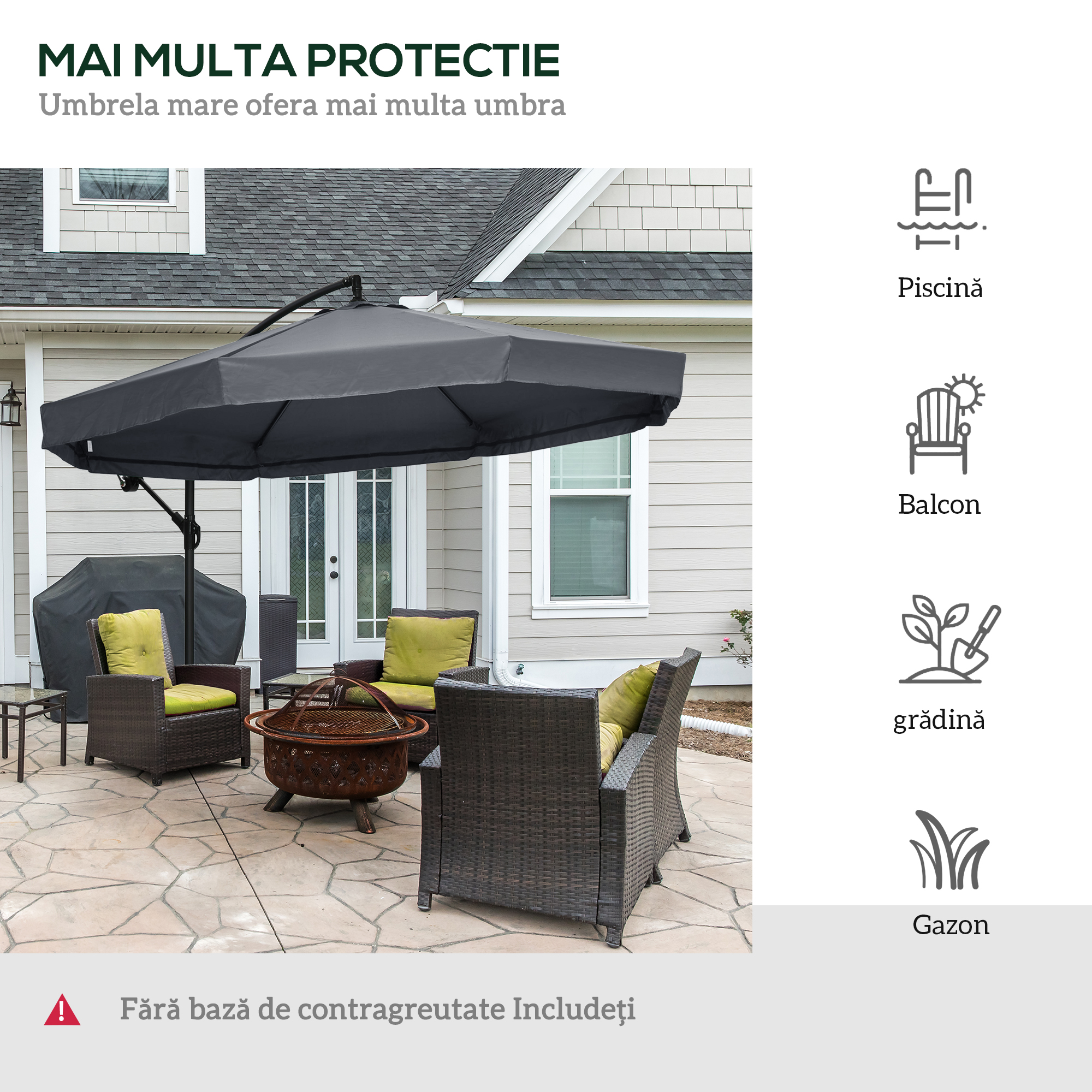  Umbrela de Soare cu Plasa de tantari, Deschidere cu Manivela si Baza Transversala, 295x295x240 cm, Gri [3]