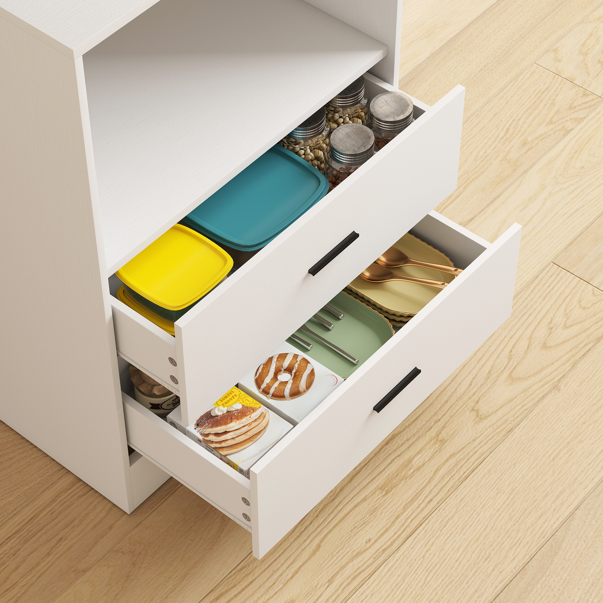  Dulap pentru Microunde cu Dulap, Blat de Lucru, Mobila de Bucatarie cu 2 Sertare, Panou Metalic, 4 Carlige, Raft Reglabil pentru Bucatarie, Sala de Masa, Living, Alb [8]