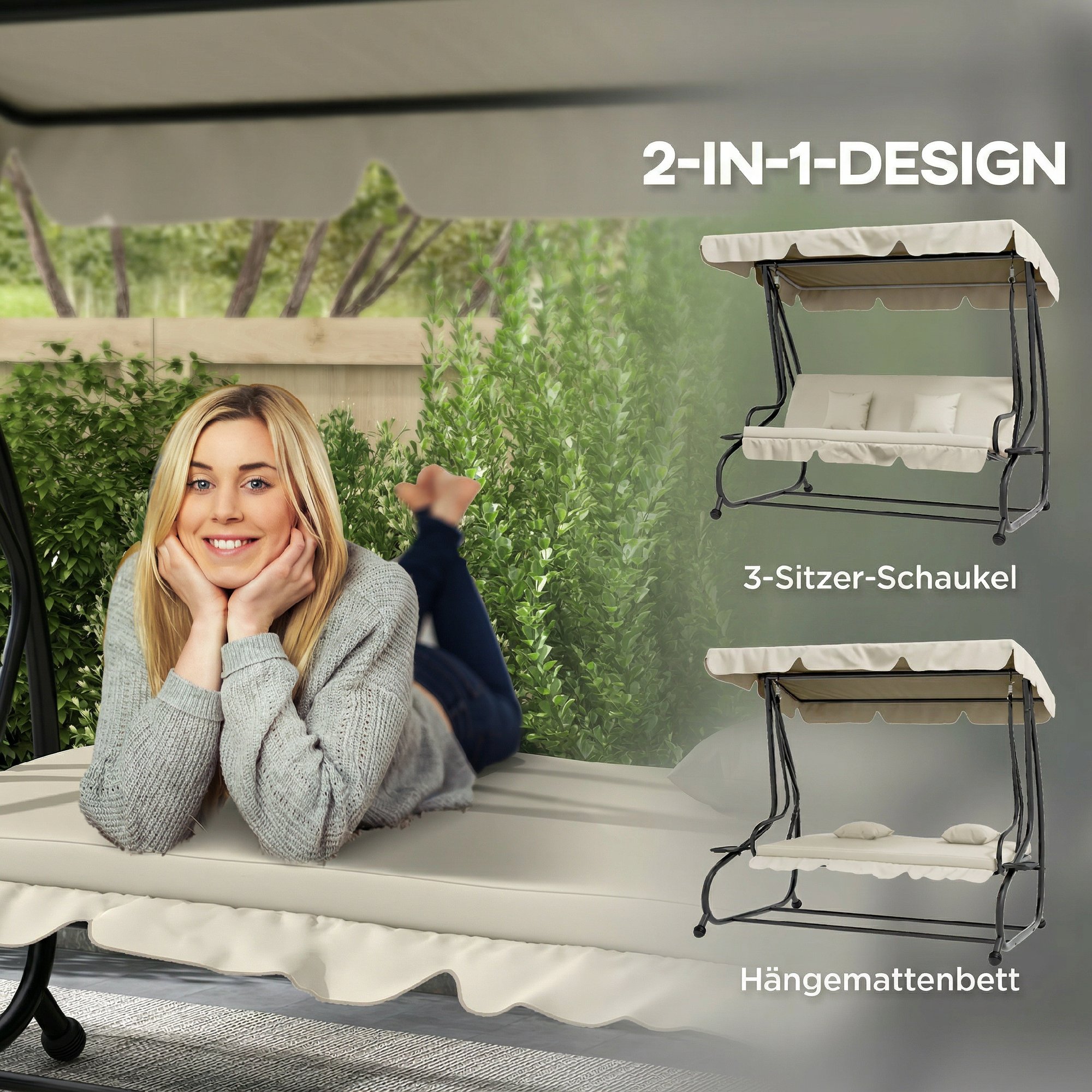  Leagan Pat de Gradina cu acoperis reglabil si tavi, din otel si Teslin, 200x120x164 cm, crem [3]