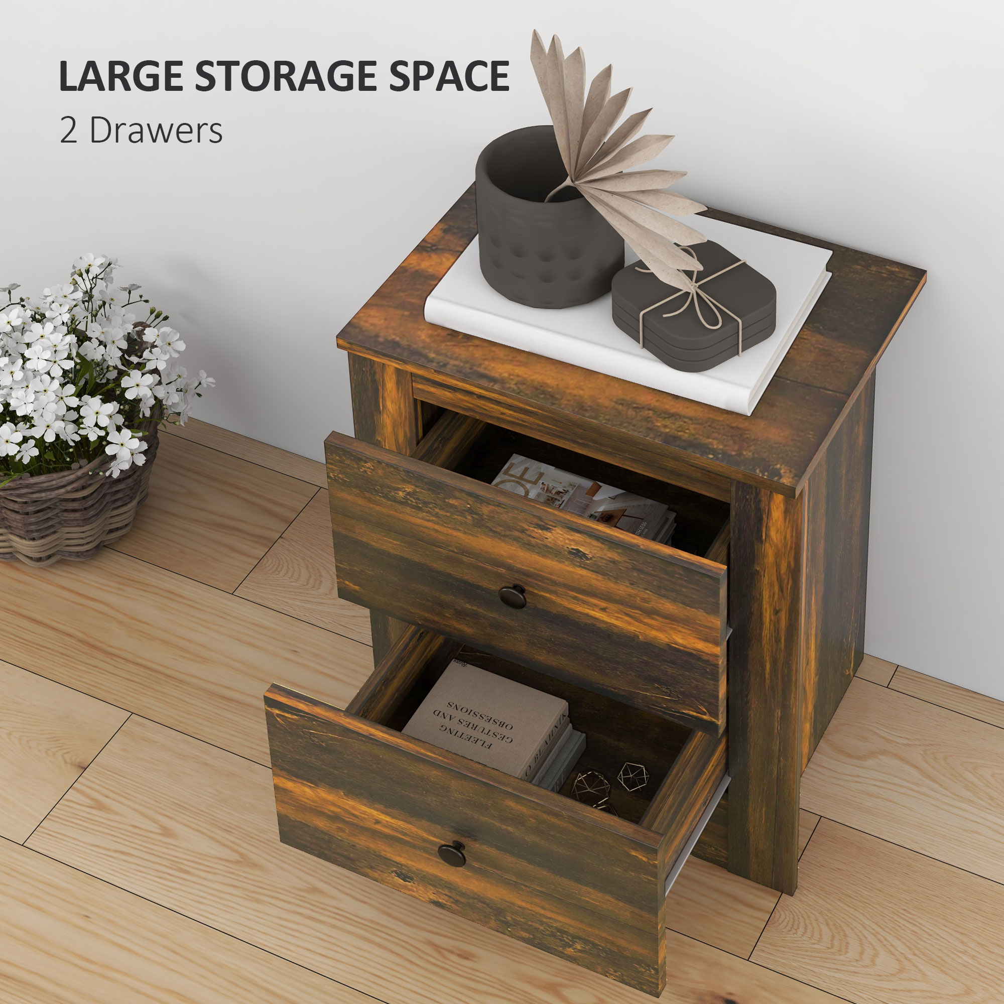  Noptiera cu 2 Sertare in Stil Rustic, Noptiera pentru dormitor din Lemn, 40x30x56 cm, Maro [3]