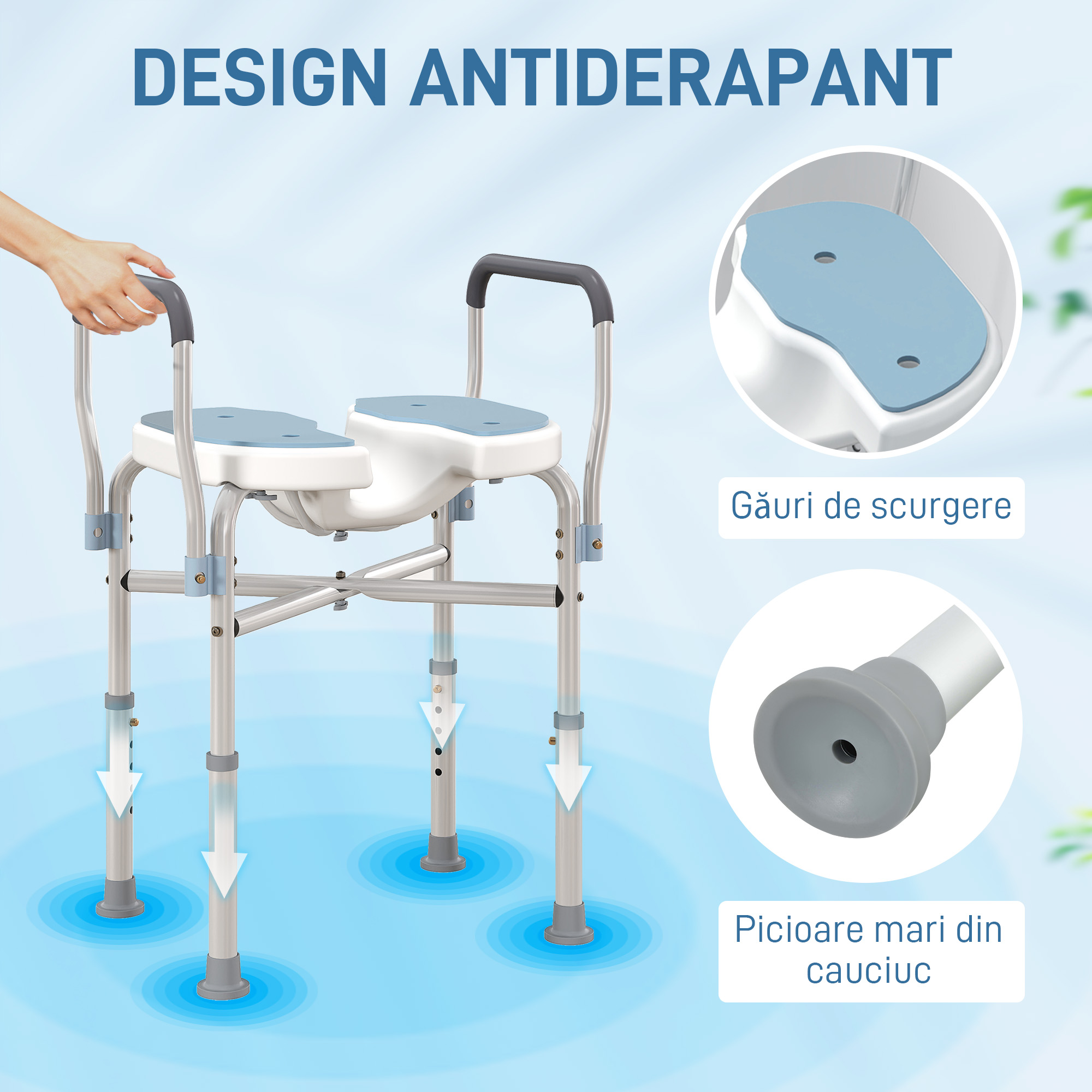  Scaun de Dus cu Brate, inaltime Reglabila si Orificii pentru Scurgerea Apei, 53x36x64-75 cm, Albastru [6]