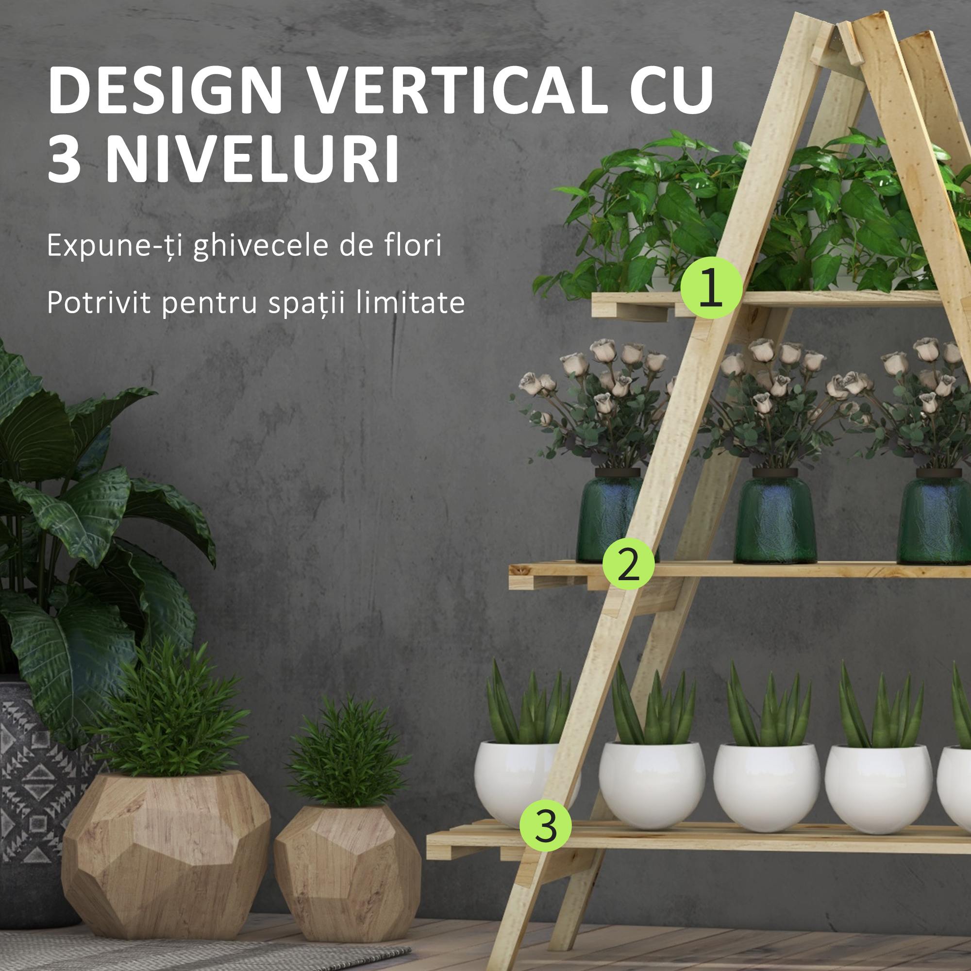  Suport Vertical pentru Plante cu 3 Nivele din Lemn de Brad, 100x36x112 cm, Culoare Lemn Natural [3]