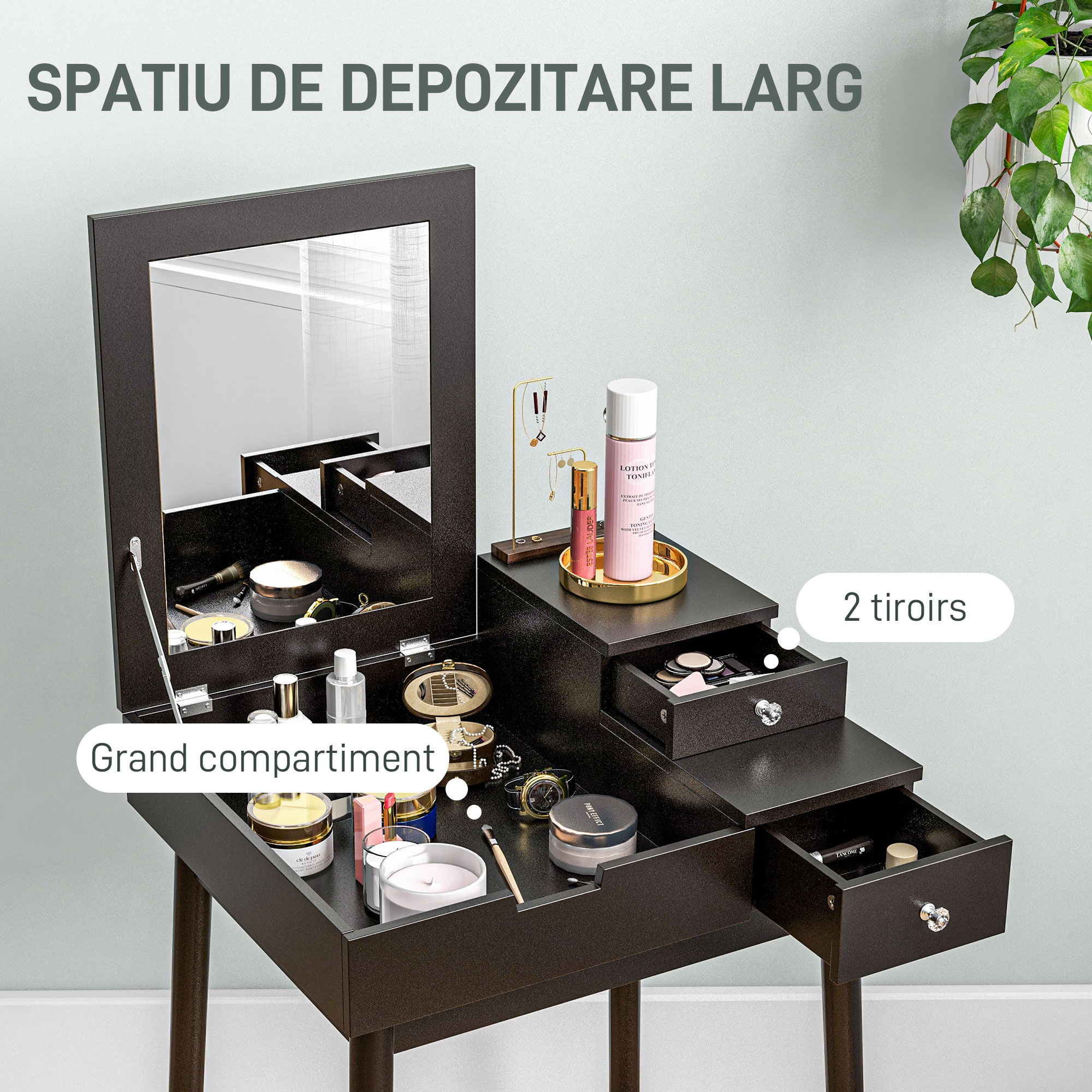  Masa de Machiaj 2 in 1 cu Oglinda Rabatabila si 2 Sertare, 60x50x85.5 cm, Negru [4]