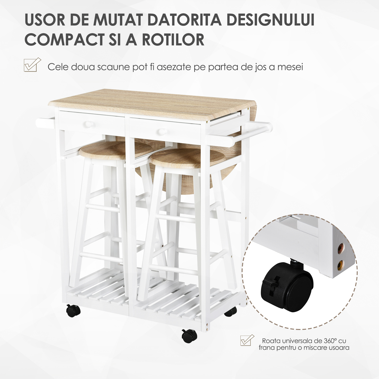  Carut Bucatarie Pliabil - Cu 2 Scaune Incluse, MDF Alb [5]