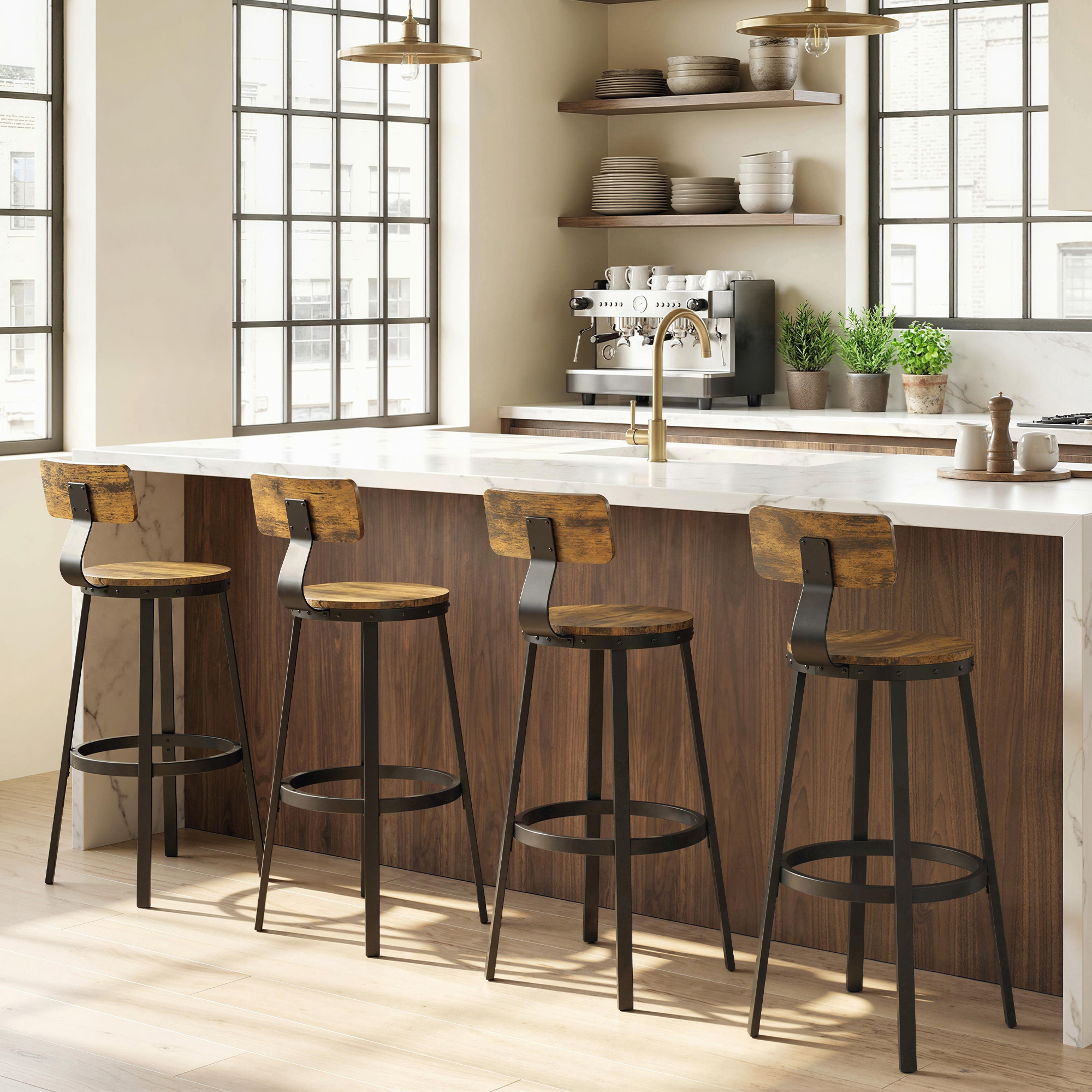  Set 2 Scaune de Bar, sezuturi Rustice cu Spatar si Suport pentru Picioare, Maro Rustic [7]