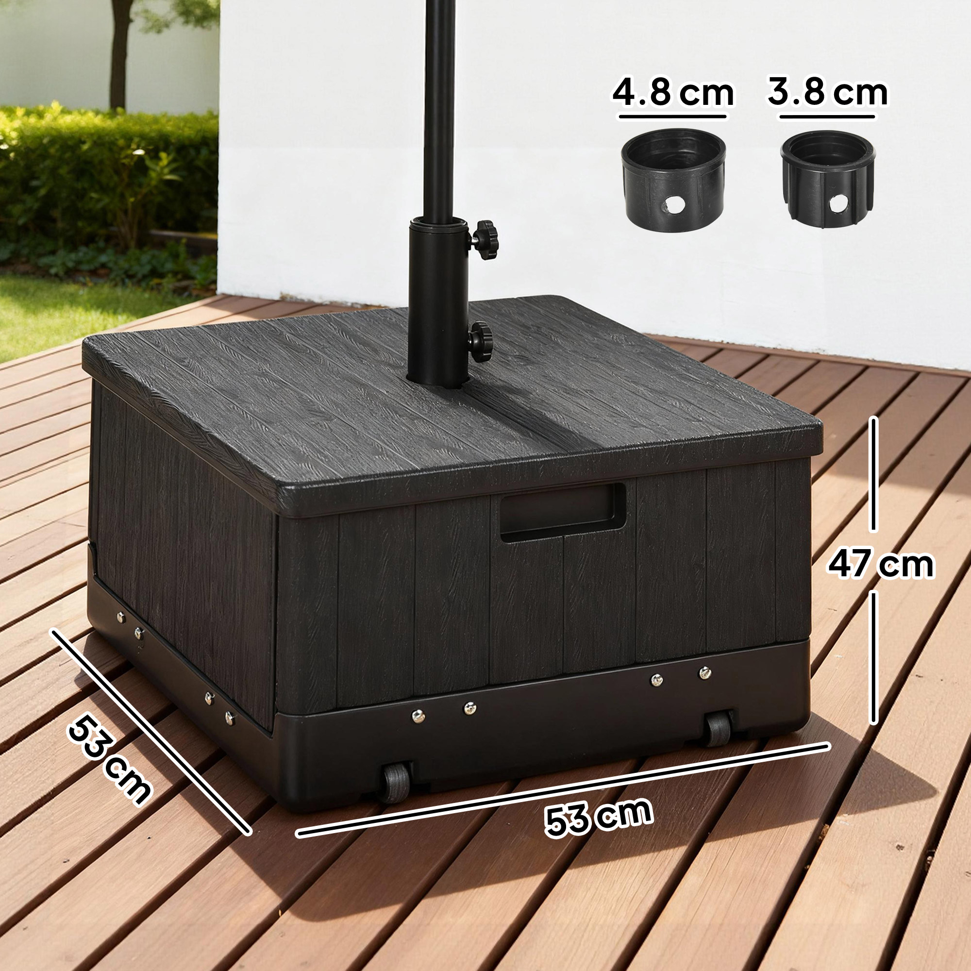  Baza pentru Umbrela 3-in-1 Exterior, Masuta de Cafea, Jardiniera cu Orificiu de Scurgere, Capacitate 80 kg, Suport Umplut cu Roti si Manere pentru Terasa si Piscina, Negru [2]