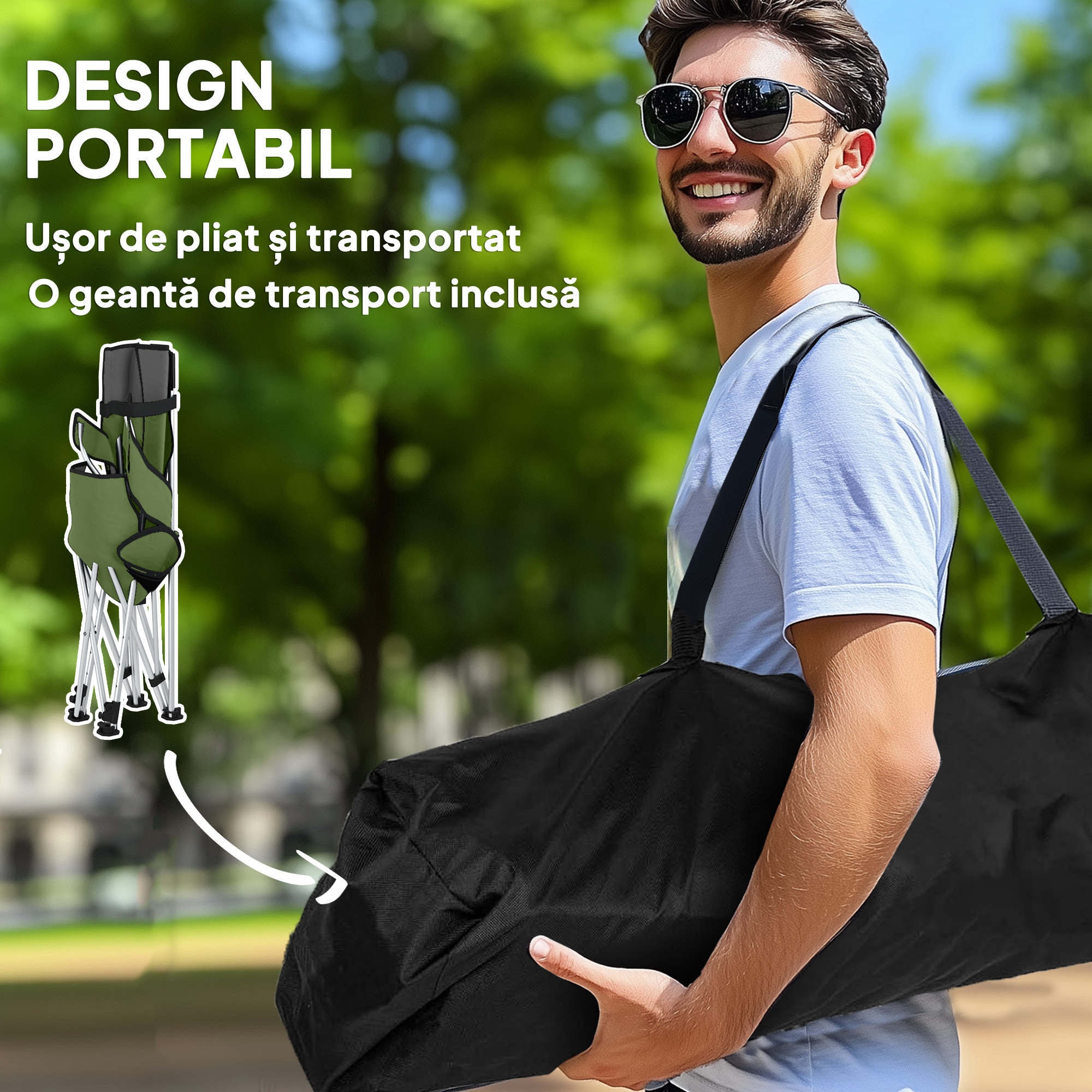  Set de 2 Scaune de Camping Pliabile cu Suport pentru Picioare Detasabil, 82x100x88 cm, Negru [5]