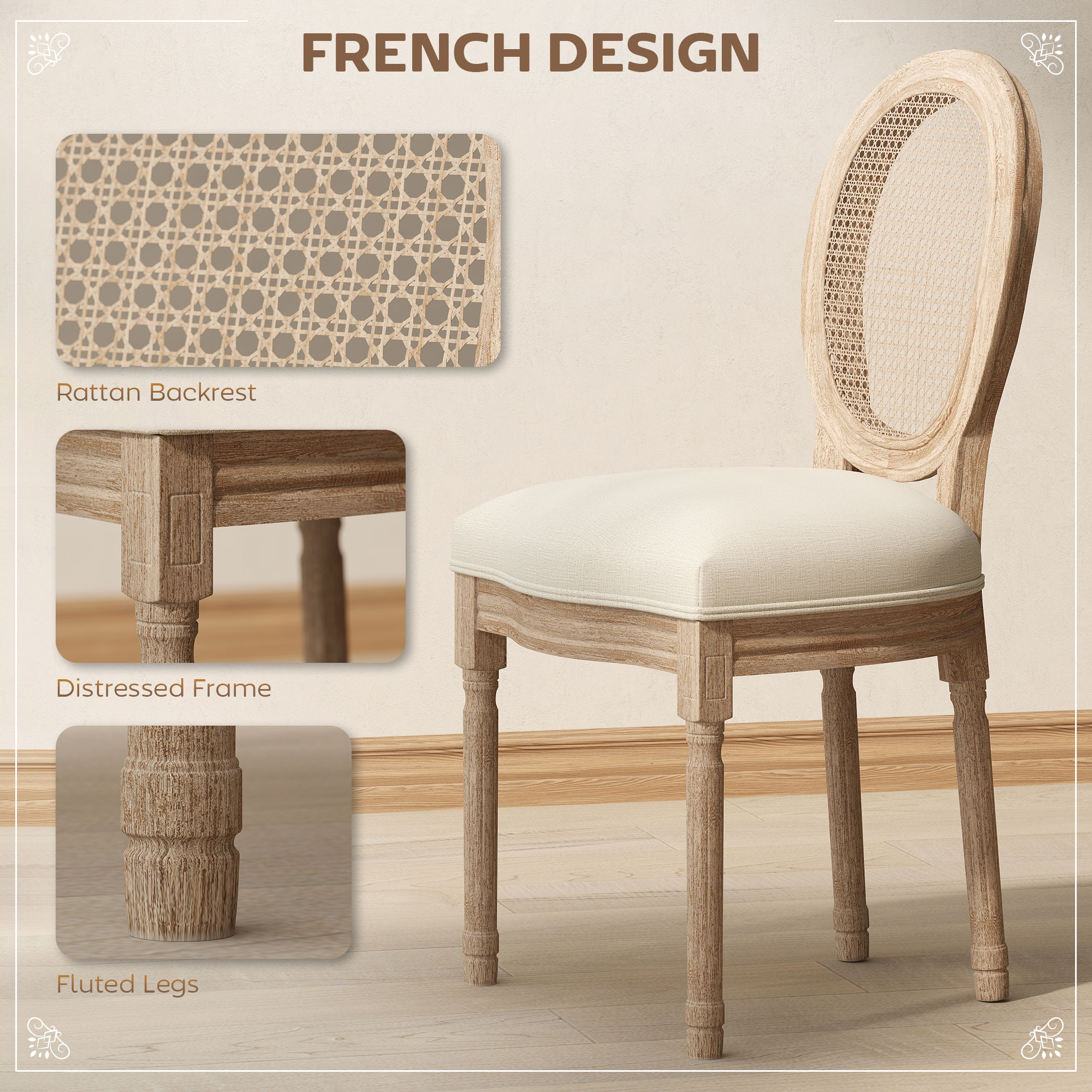  Set 2 Scaune Sufragerie Vintage cu Spatar Perforat 49x56x96cm Alb crem [4]