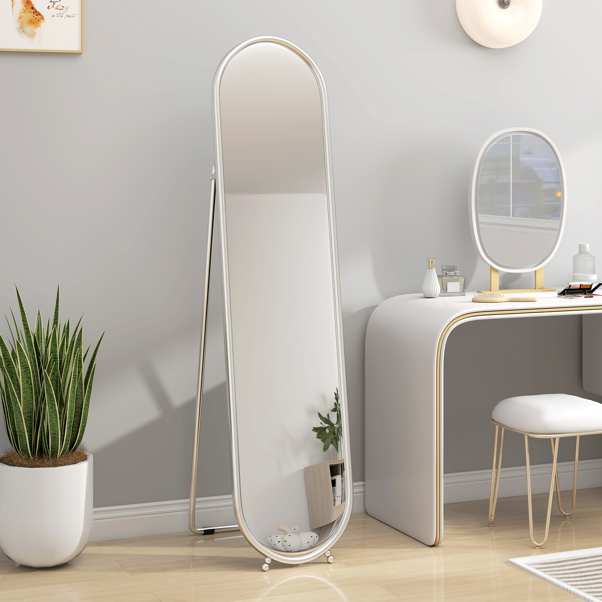  Oglinda intreaga de Podea cu Suport Rabatabil, Sticla si Metal, 40x4x160 cm, Argintiu [8]