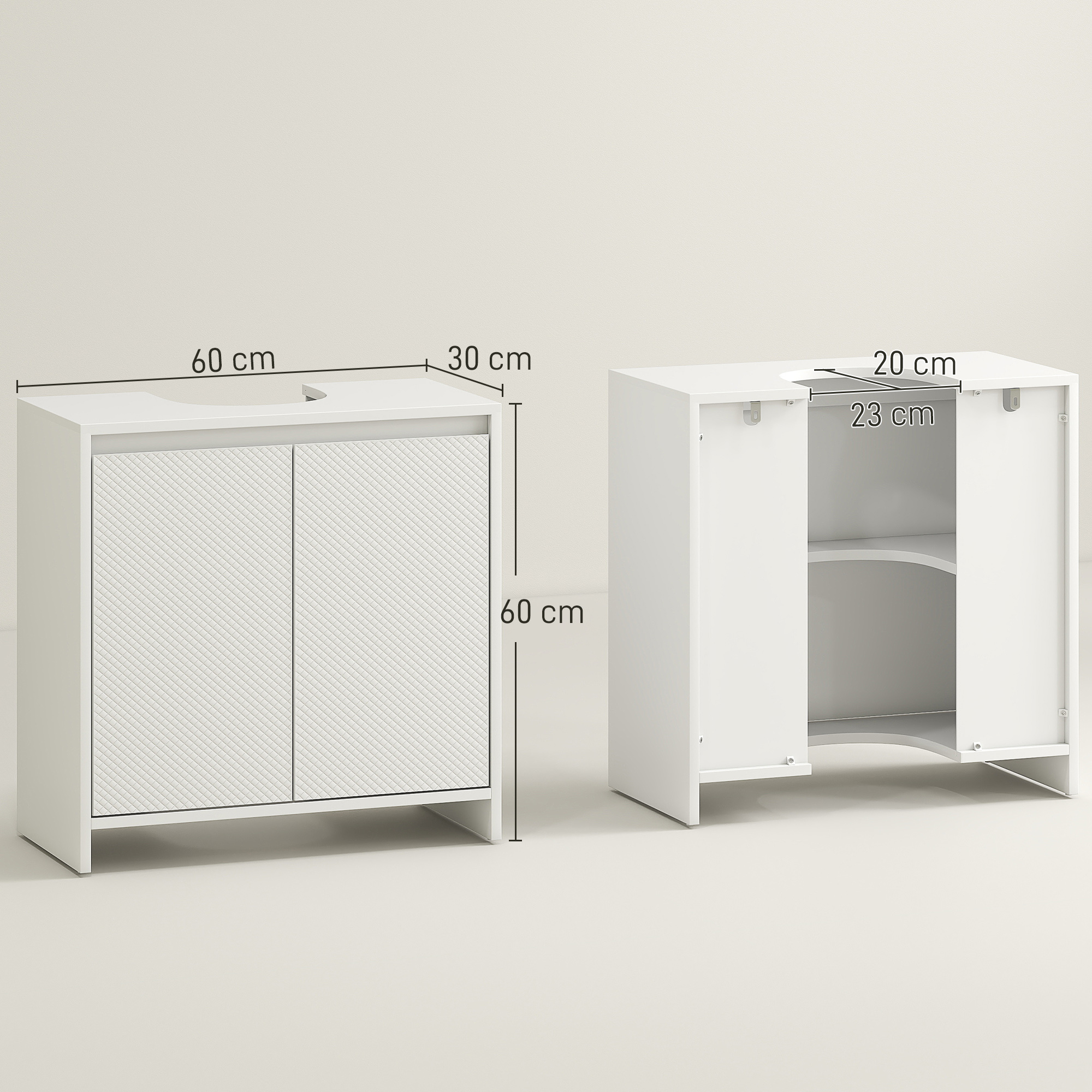  Mobilier Sub Chiuveta pentru Baie cu 2 Usi, Dulap de Baie cu Decupaj in U pentru tevi, 60x30x60 cm, Alb [2]
