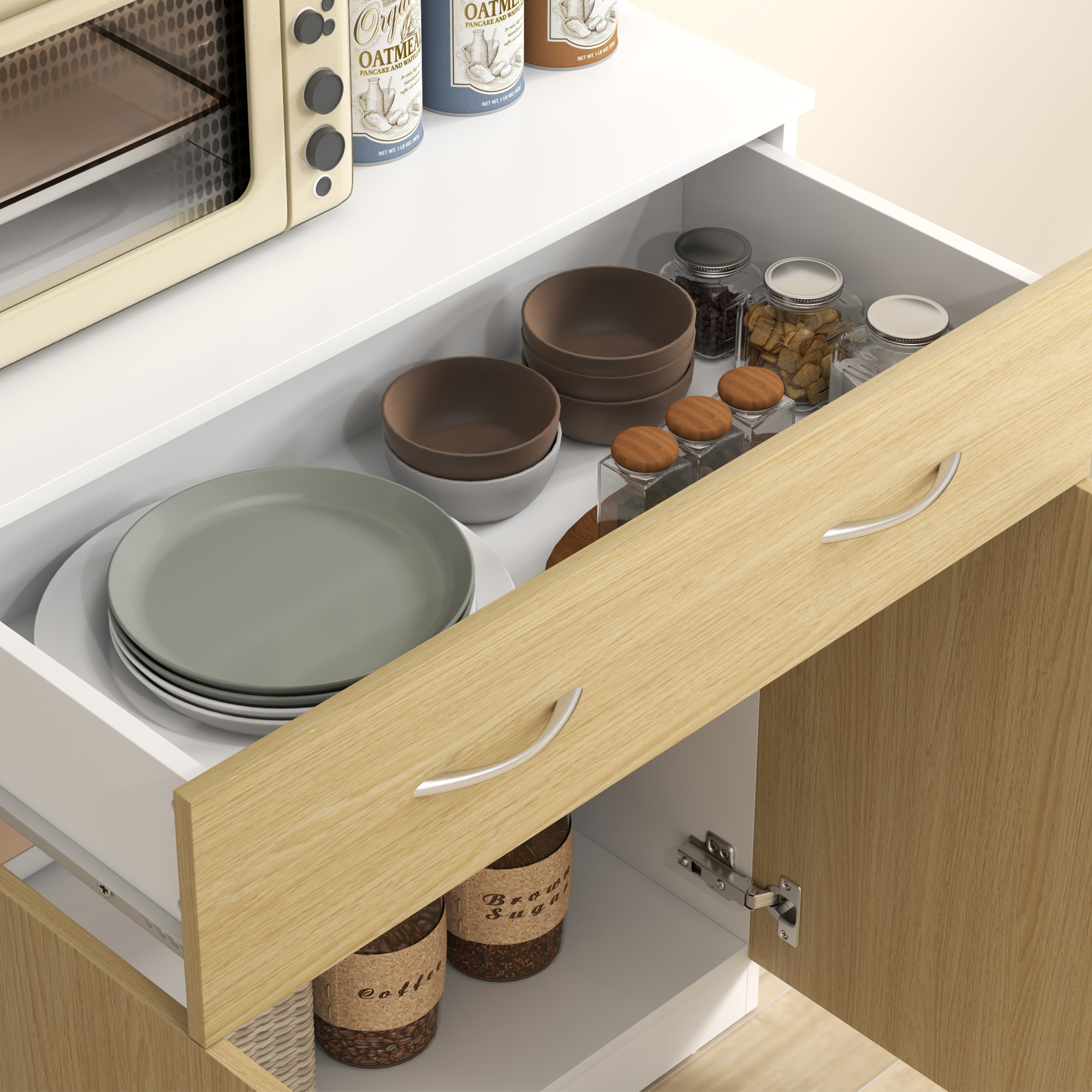  Dulap inalt de Bucatarie cu 2 Usi, Sertar, Bufet inalt din Lemn cu Rafturi Reglabile, 80x40x180 cm, Lemn Natural [8]