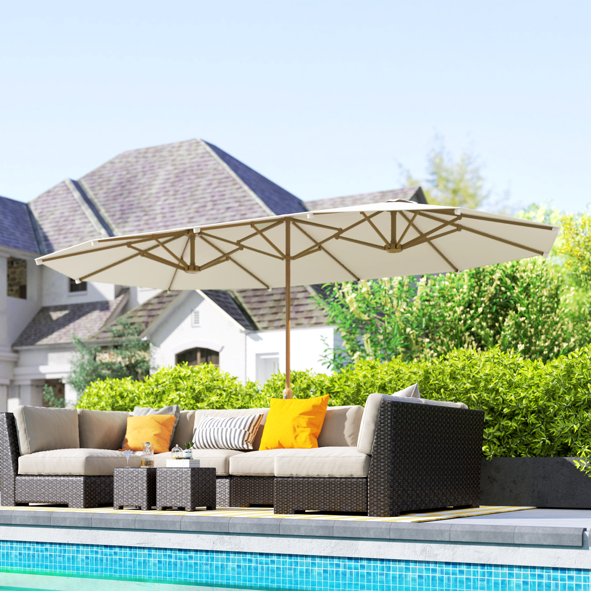  Umbrela Dubla cu Deschidere cu Manivela, din Otel si Poliester, 455x265x238 cm, Bej [6]