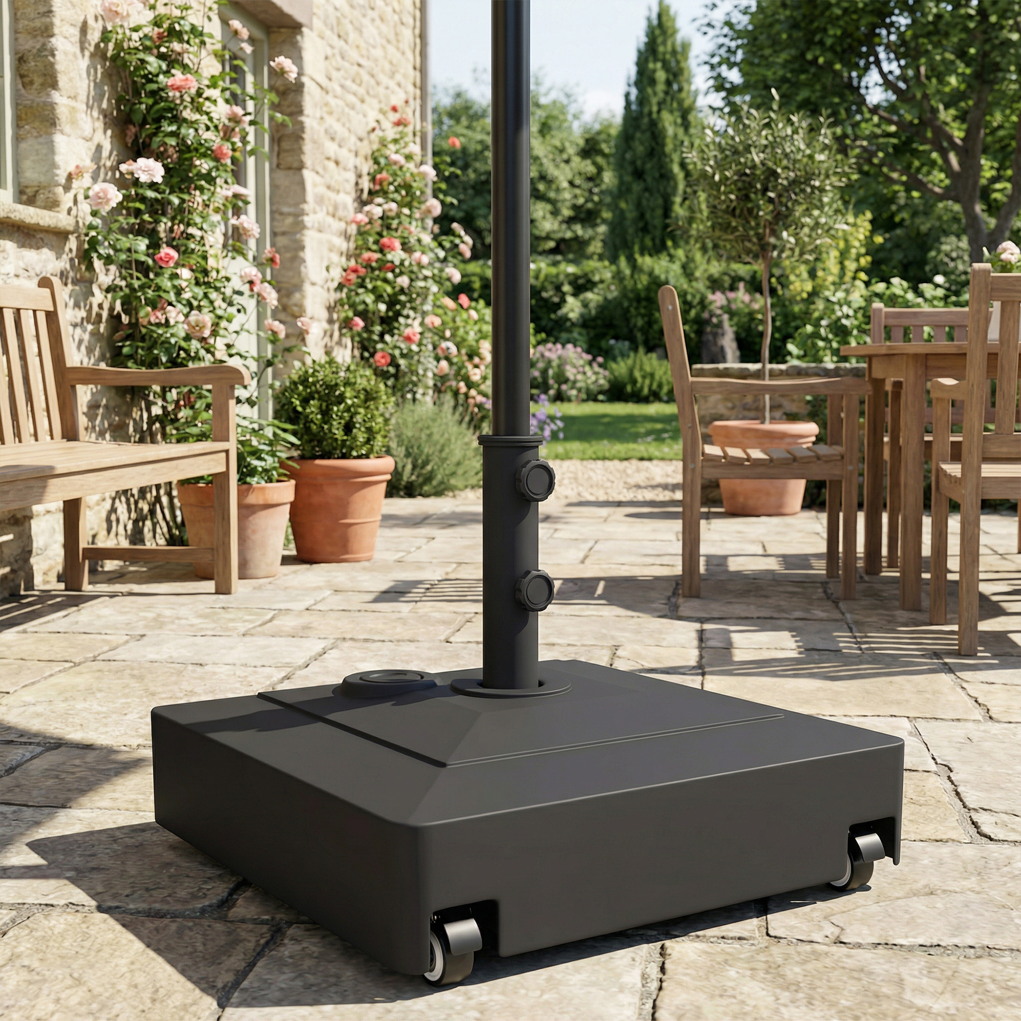  Baza pentru Umbrela cu Roti si Frane, Reumplere cu Apa 40kg/Nisip 61kg, pentru Stalpi de Ø35/38/48mm, Negru [8]