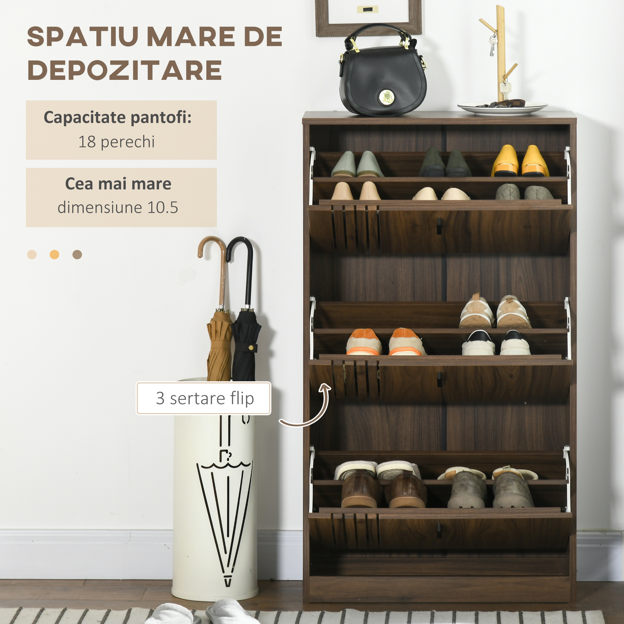  Dulap pentru Pantofi, Organizator de Pantofi cu 3 Sertare si Rafturi Reglabile pentru 18 Perechi, 63x24x114 cm, Nuc [3]